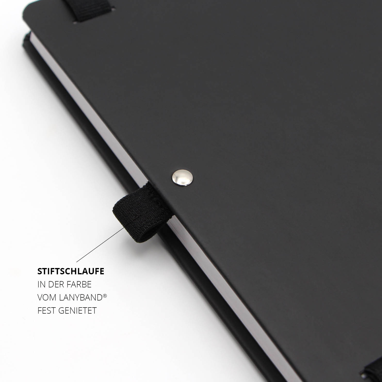 Schwarze Stiftschlaufe in der Farbe des Lanybands®, fest am Einband vernietet.
