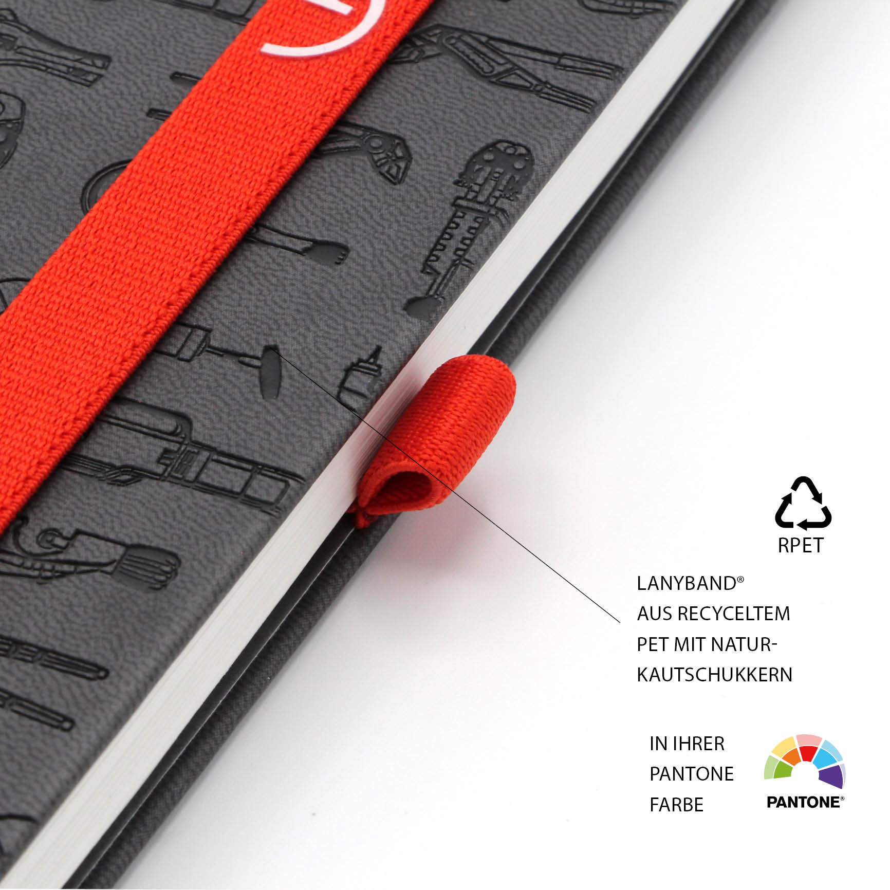 Nachhaltiges Lanyband® mit Stiftschlaufe – Rotes Lanyband® aus recyceltem PET mit Silikondruck und passender Stiftschlaufe.
