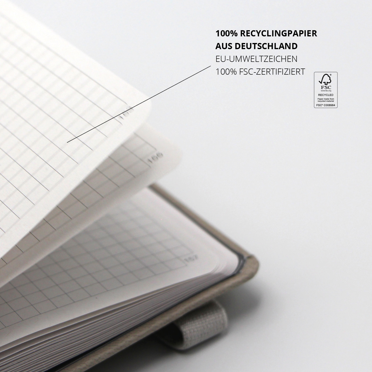 Detailaufnahme einzelner Seiten mit Hinweis auf 100 % Recyclingpapier aus Deutschland, FSC- und EU-Ecolabel-zertifiziert.
