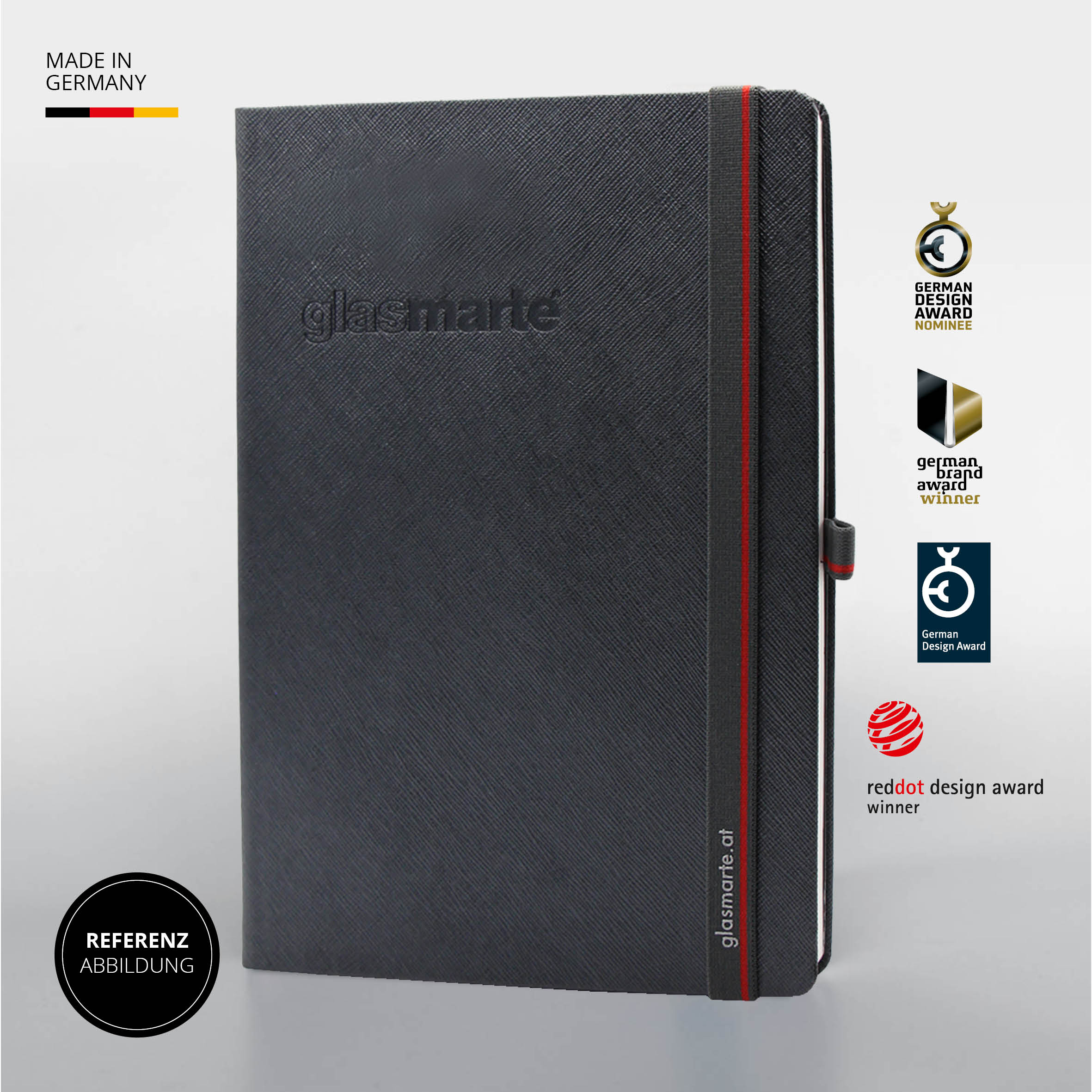 Lanybook Notizbuch für glas.marte mit grauem Saffiano-Einband und Design-Auszeichnungen