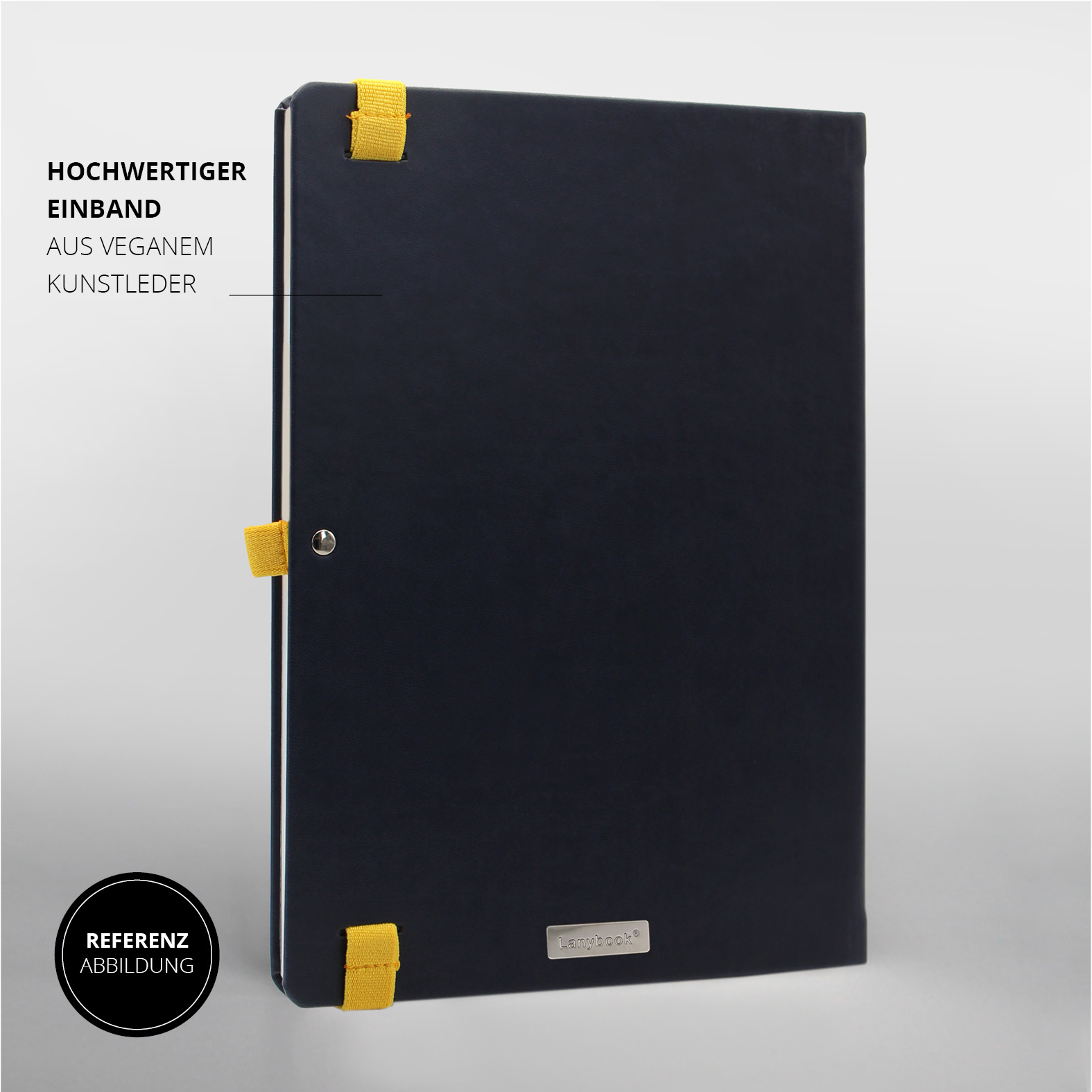 Rückansicht des dunkelblauen Lanybooks® mit gelben Lanyband®-Schlaufen und diskretem silbernen Lanybook®-Logo – schlicht und professionell.