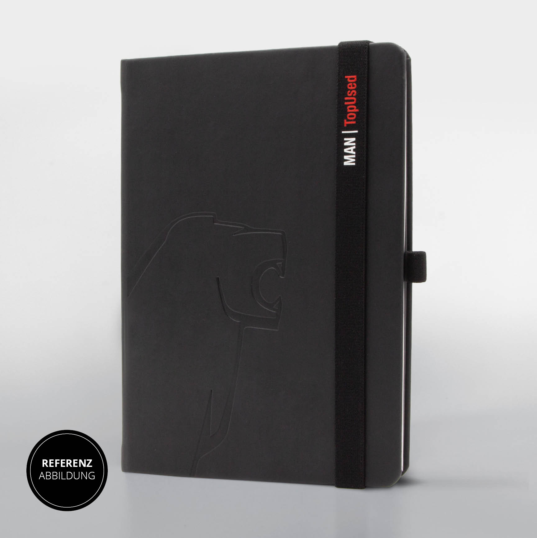 Personalisierbares MAN Notizbuch mit exklusivem Design, Prägung und elastischem Verschlussband für Firmenkunden.