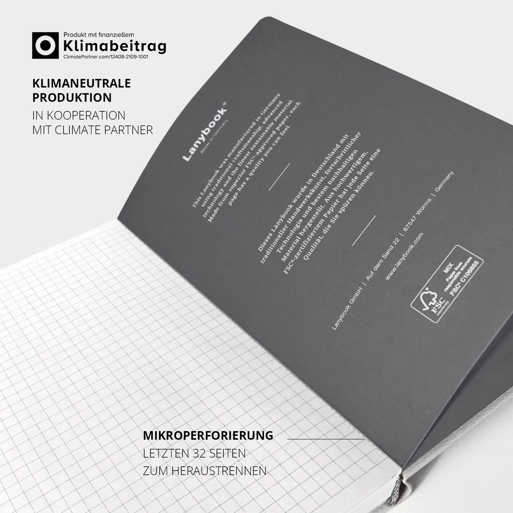 Klimaneutrale Produktion in Kooperation mit ClimatePartner. Nachhaltiges Audi Notizbuch mit FSC-zertifiziertem Papier.