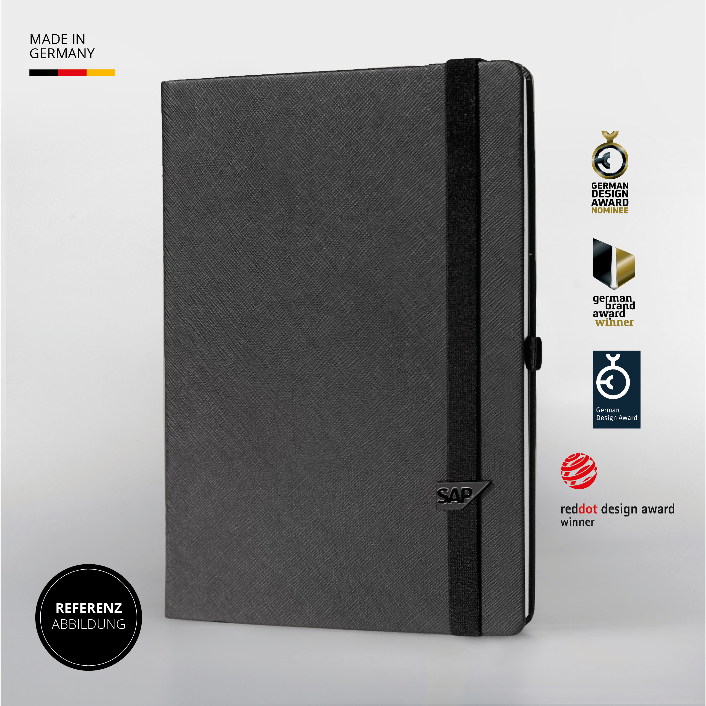 SAP Notizbuch mit strukturiertem Cover und Design-Awards – Edles Notizbuch mit Verschlussband, Prägung und mehrfach ausgezeichneter Qualität.