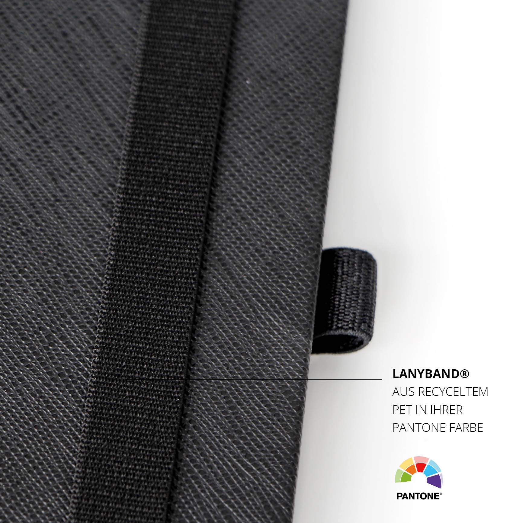 Detailaufnahme des elastischen Bands mit SAP Logo – Hochwertiges Notizbuch mit Firmenlogo, recyceltem Lanyband und strukturierter Oberfläche.