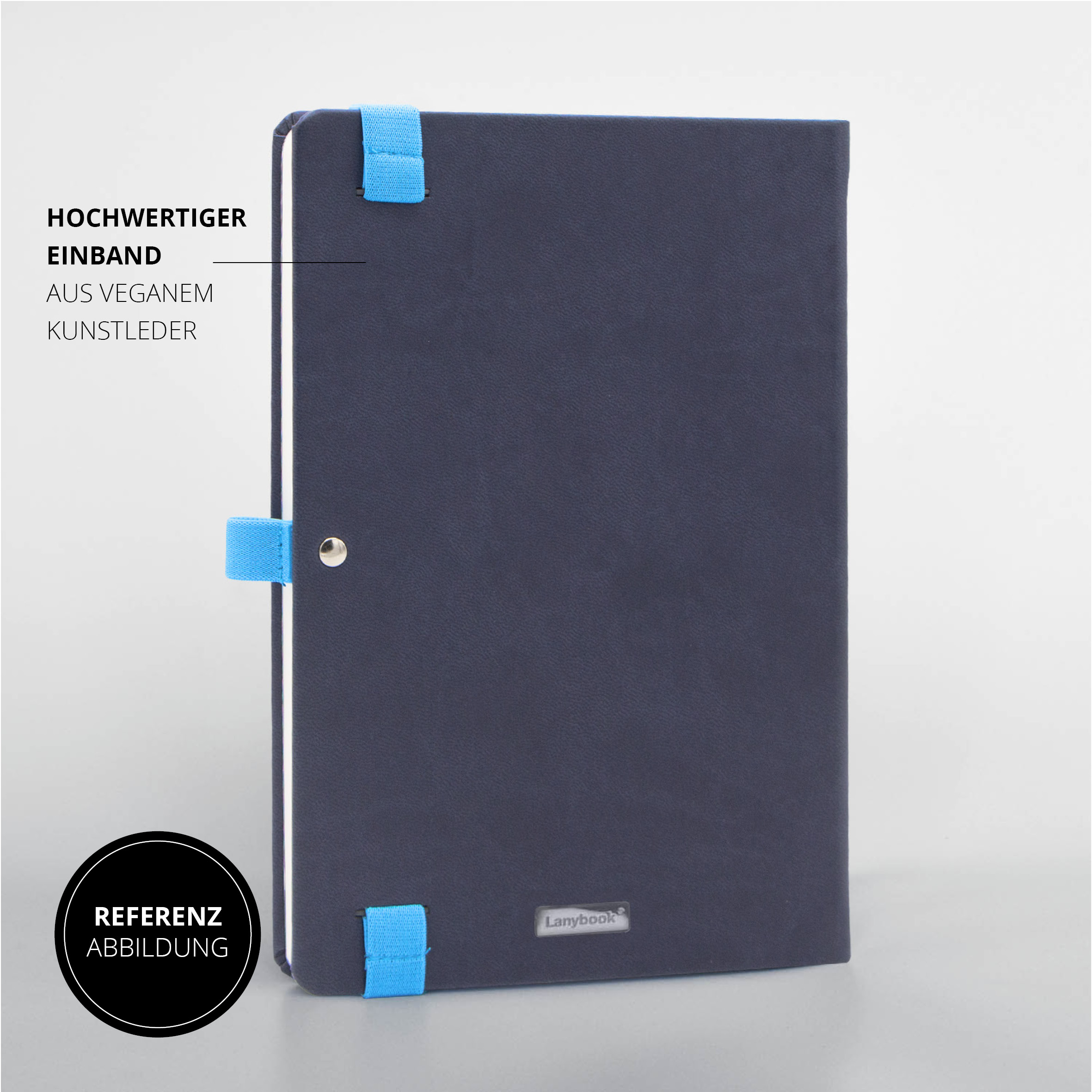 Referenzabbildung: Linde Notizbuch mit festem veganem Einband, Lanybook® Branding und Pen Loop.