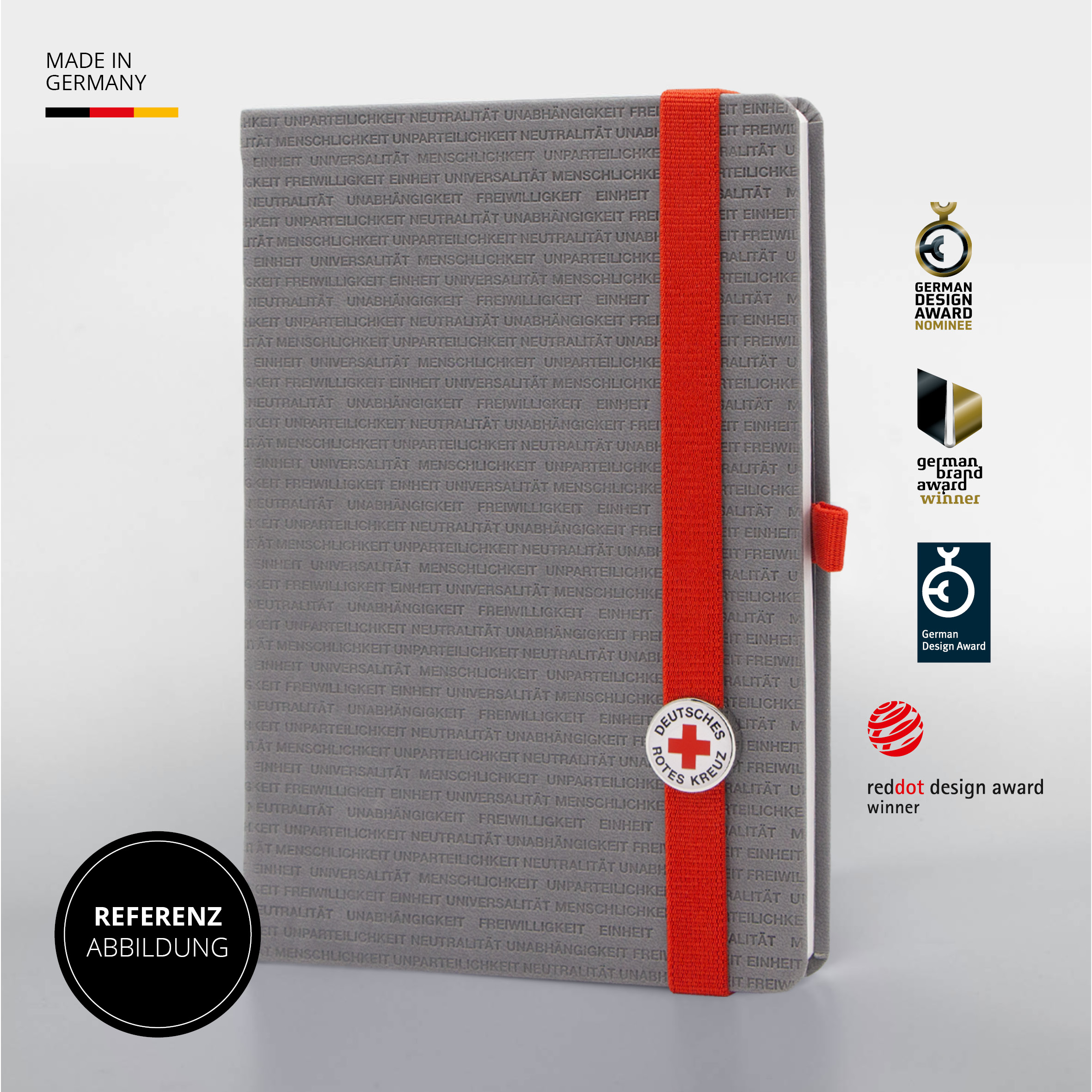 Notizbuch Deutsches Rotes Kreuz mit rotem Lanyband® und Lanybutton® auf grauem Einband