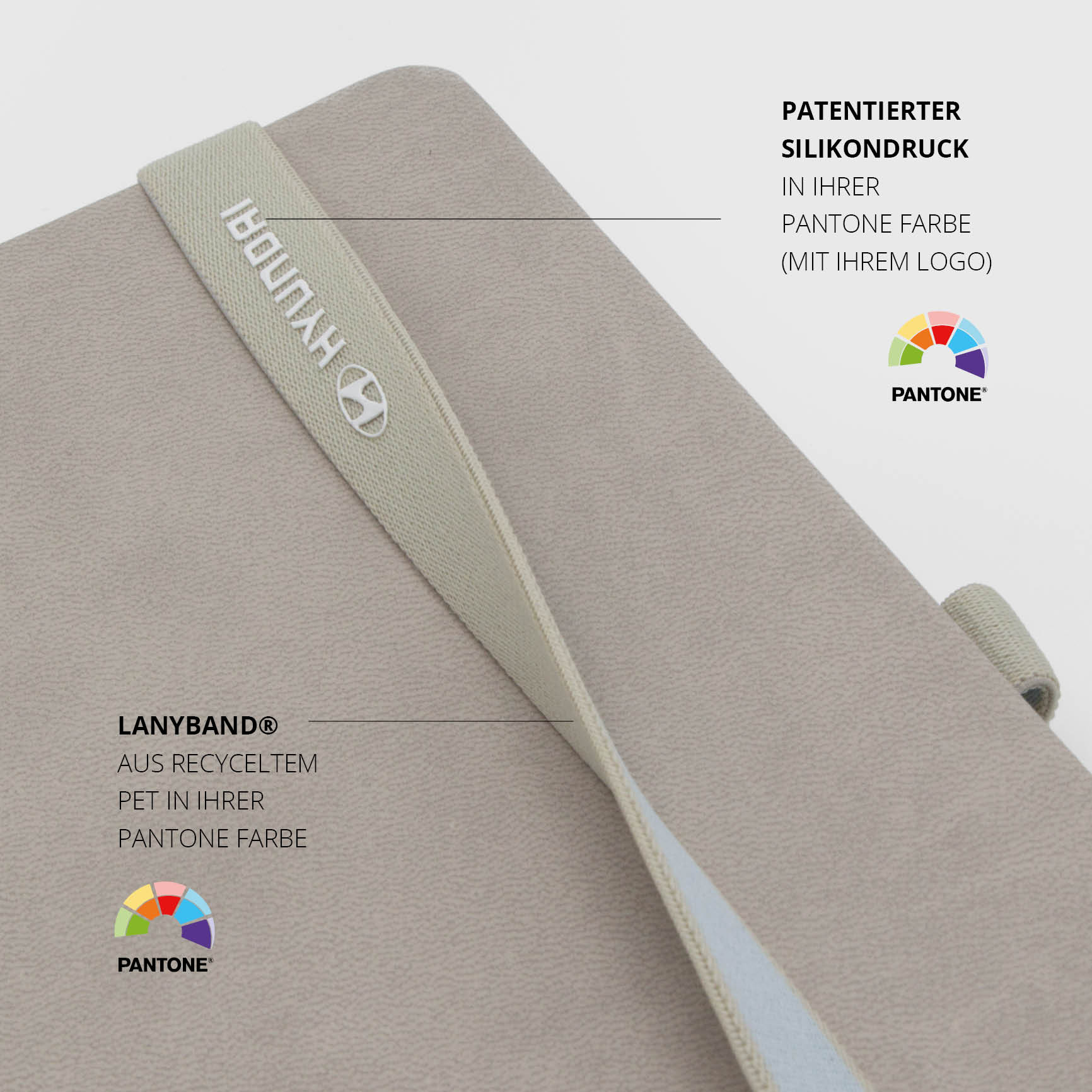 Hyundai Notizbuch mit patentiertem Silikondruck auf dem recycelten Lanyband®, klimaneutral & nachhaltig produziert.