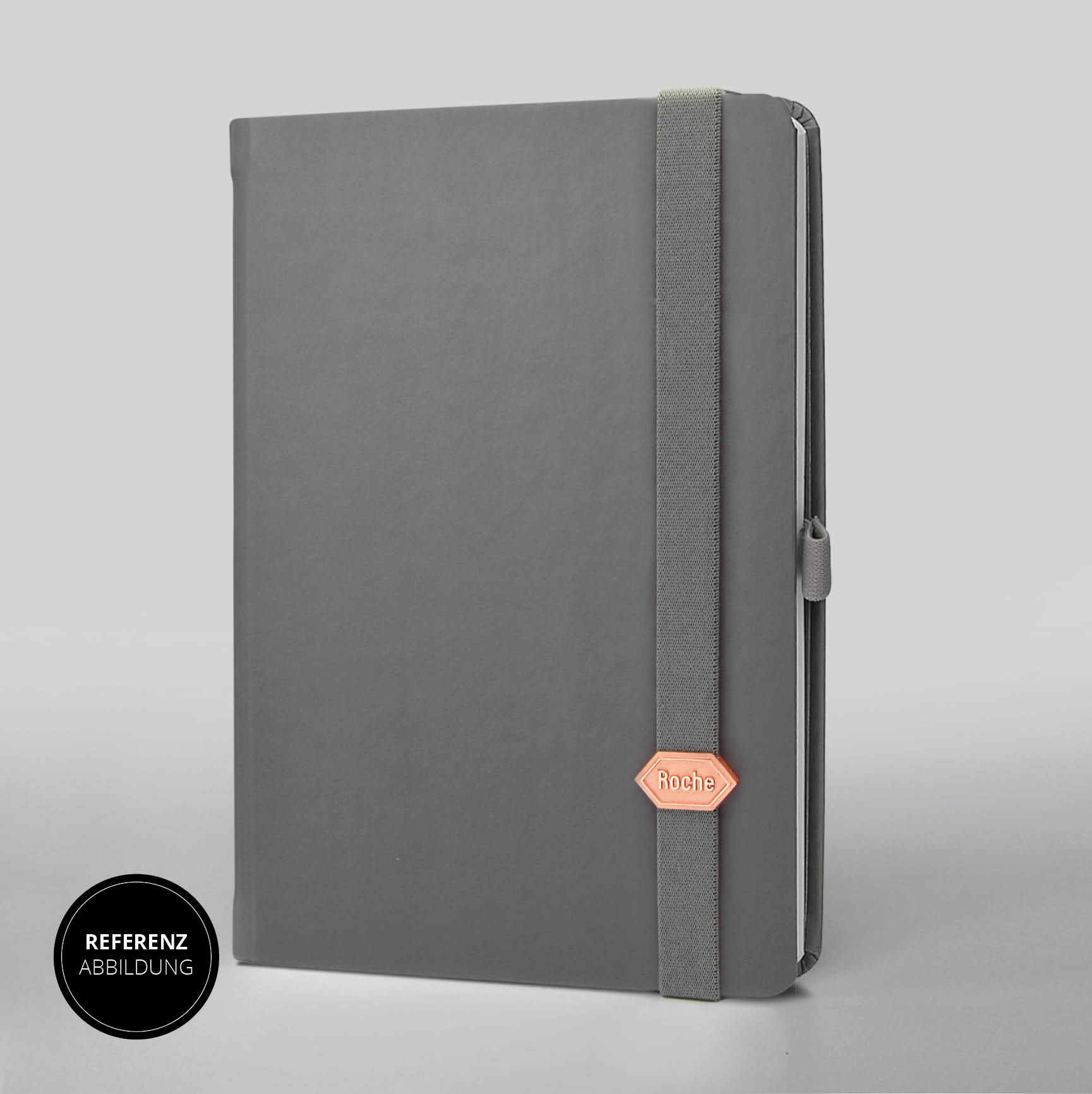 Graues Roche Notizbuch mit elastischem Verschlussband. Edles Design, nachhaltig in Deutschland produziert.