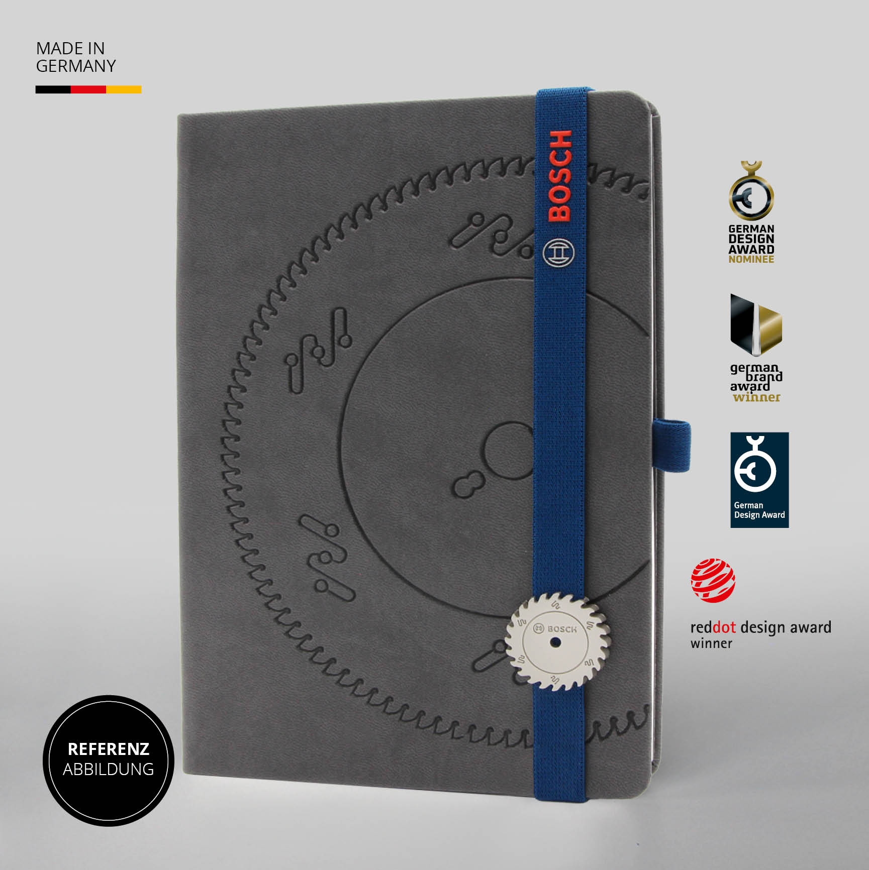 Graues Notizbuch mit Bosch-Branding und Prägung, ausgezeichnet mit vier Design Awards.