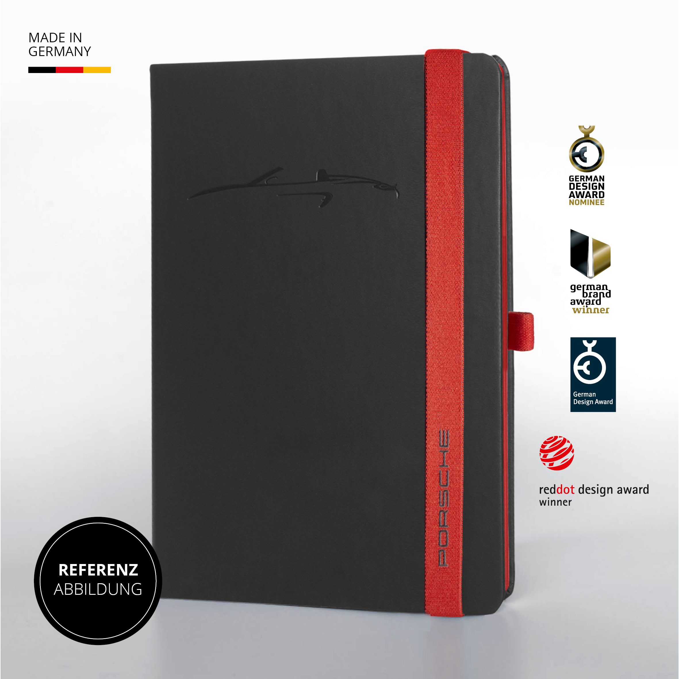 Schwarzes Porsche Notizbuch mit rotem Band, Prägung und Auszeichnungen, Made in Germany.
