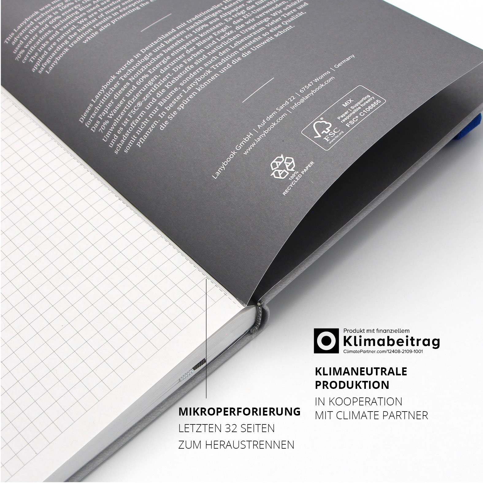 Innenseite des Lanybook® Pro mit klimaneutraler Produktion und Mikroperforierung – die letzten 32 Seiten sind zum Herauslösen vorgesehen.