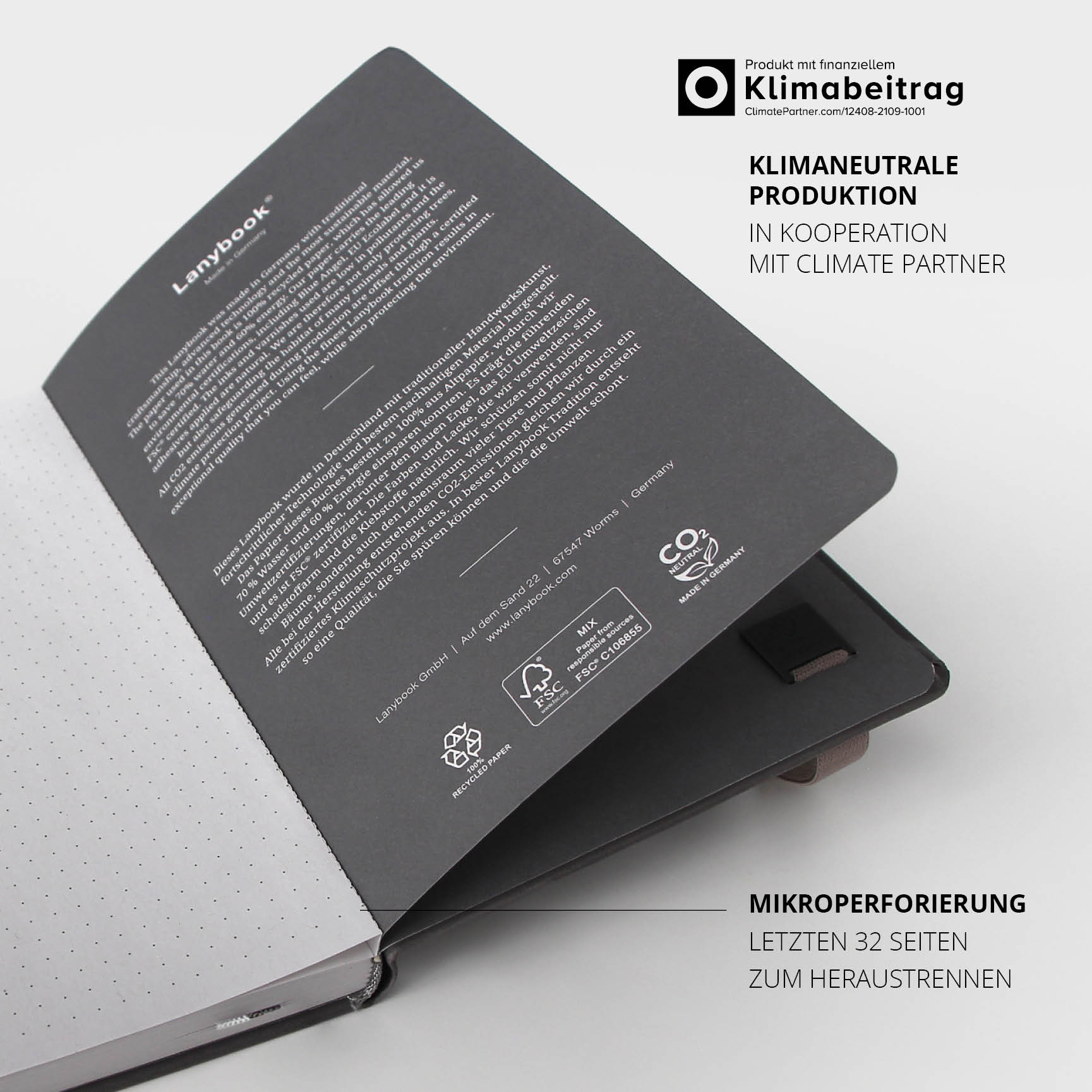 Innenseite mit klimaneutraler Produktion und FSC-zertifiziertem Papier, letzte 32 Seiten mikroperforiert.