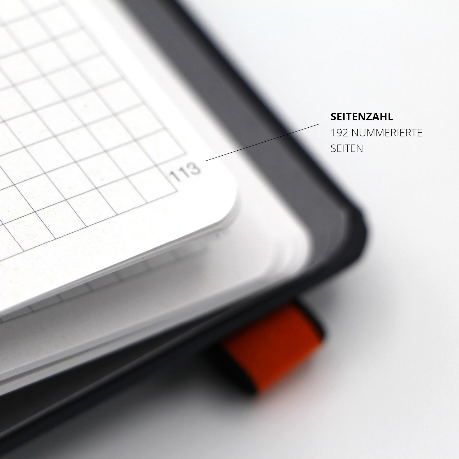Detailaufnahme der nummerierten Seiten eines Lanybook® Notizbuchs von expert TeVi mit abgerundeten Ecken und kariertem Papier, Seite 113 sichtbar.