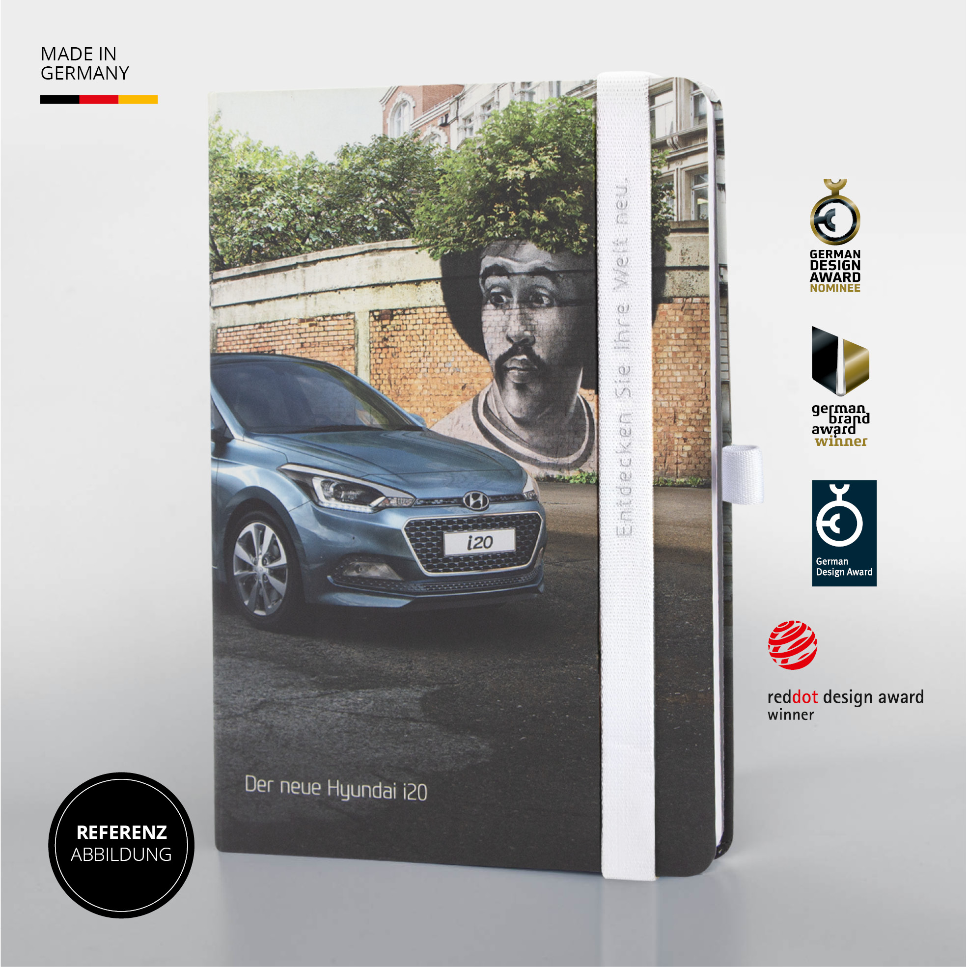 Notizbuch mit Hyundai i20 Motiv und weißem Lanyband® – Made in Germany