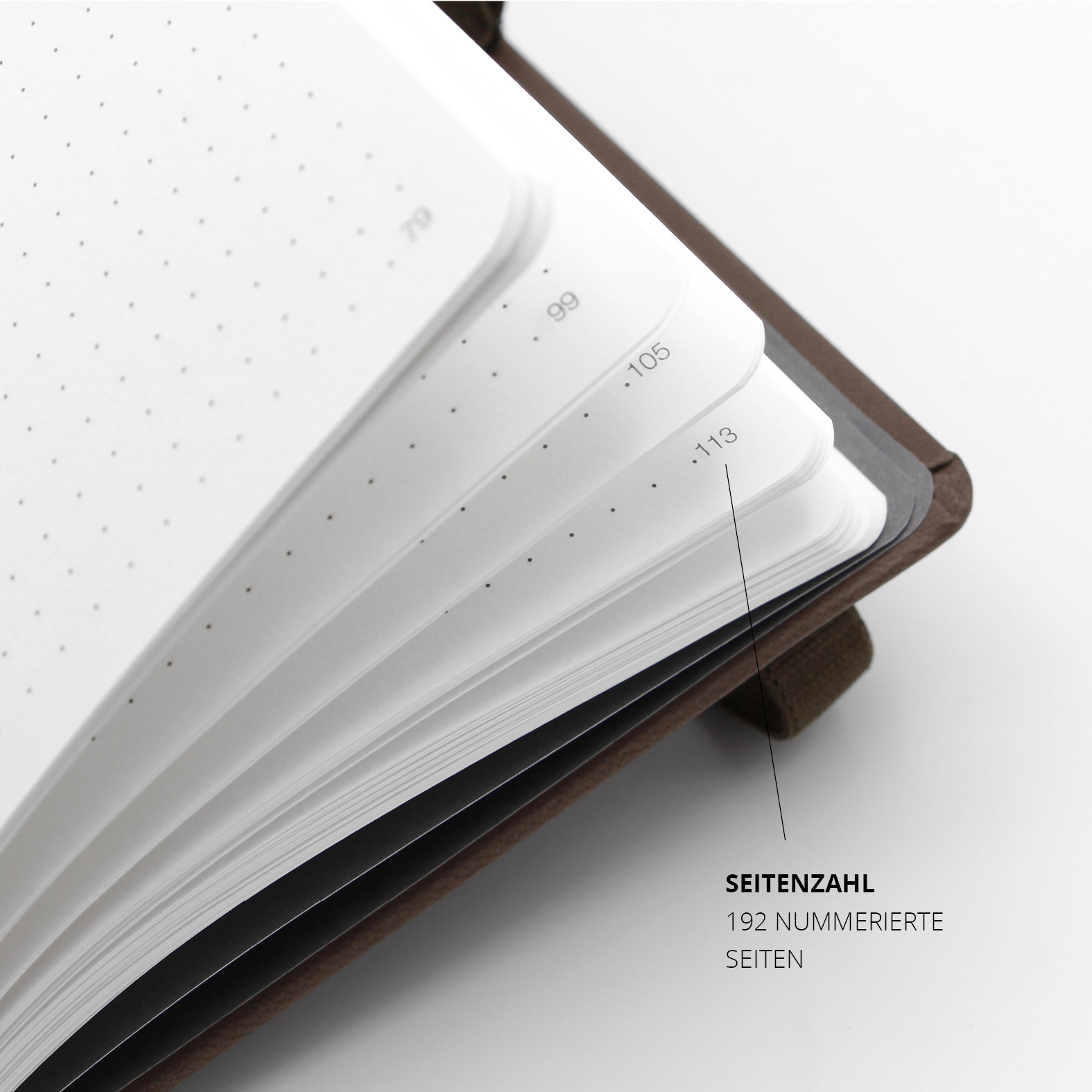 Detail der nummerierten Seiten im Lanybook® Notizbuch – insgesamt 192 Seiten mit feiner Punktierung.