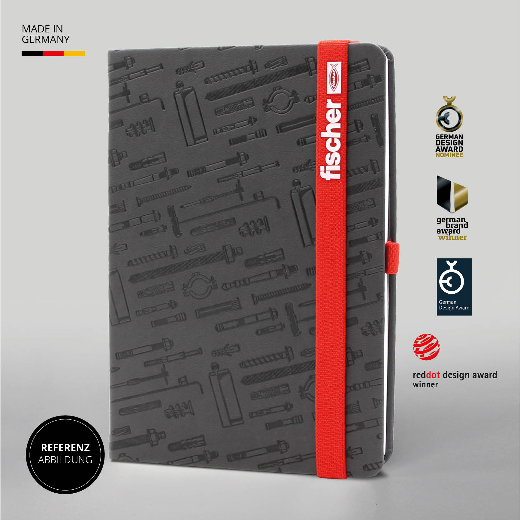 Schwarzes Fischer Notizbuch Made in Germany mit rotem Lanyband® – Prämiertes Design, nachhaltige Qualität für professionelles Schreiben.