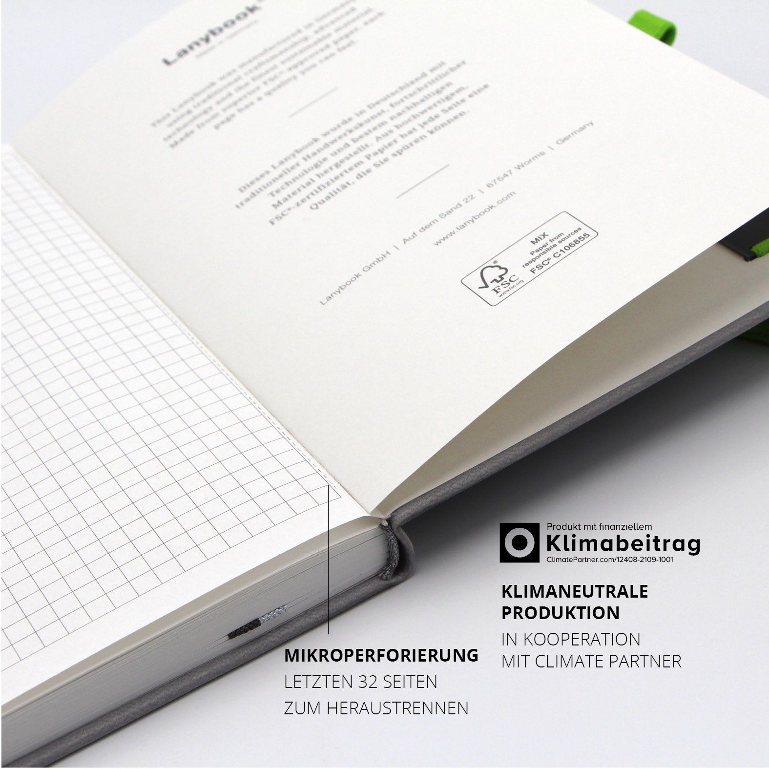 Letzte Seiten des Notizbuchs mit Mikroperforierung zum Herauslösen. Produziert klimaneutral mit Climate Partner.