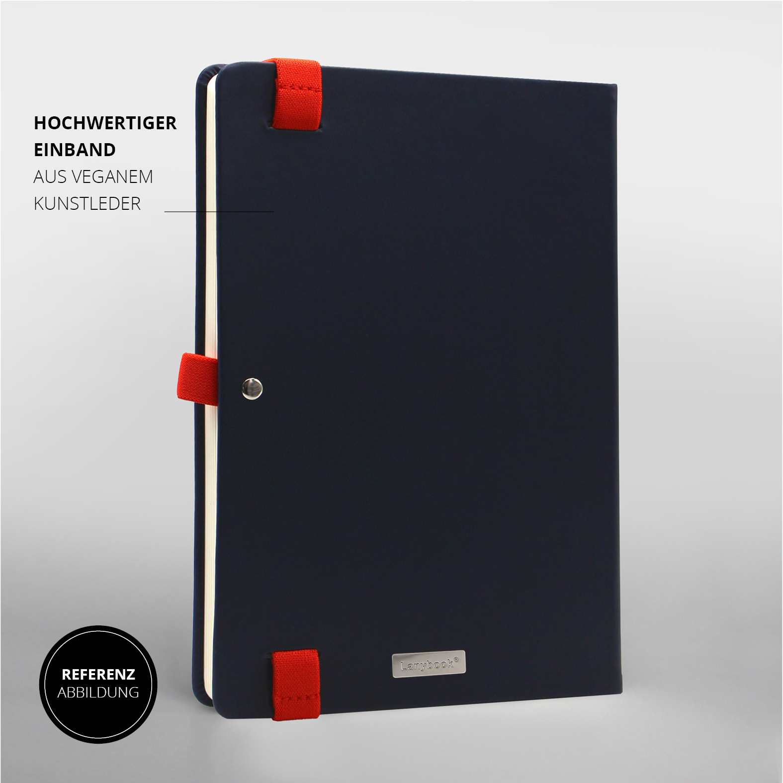 Gesamtrückansicht des Lanybook® mit rotem Lanyband®, Metallemblem „Lanybook®“ und genietetem Lanyclip® in Rot.