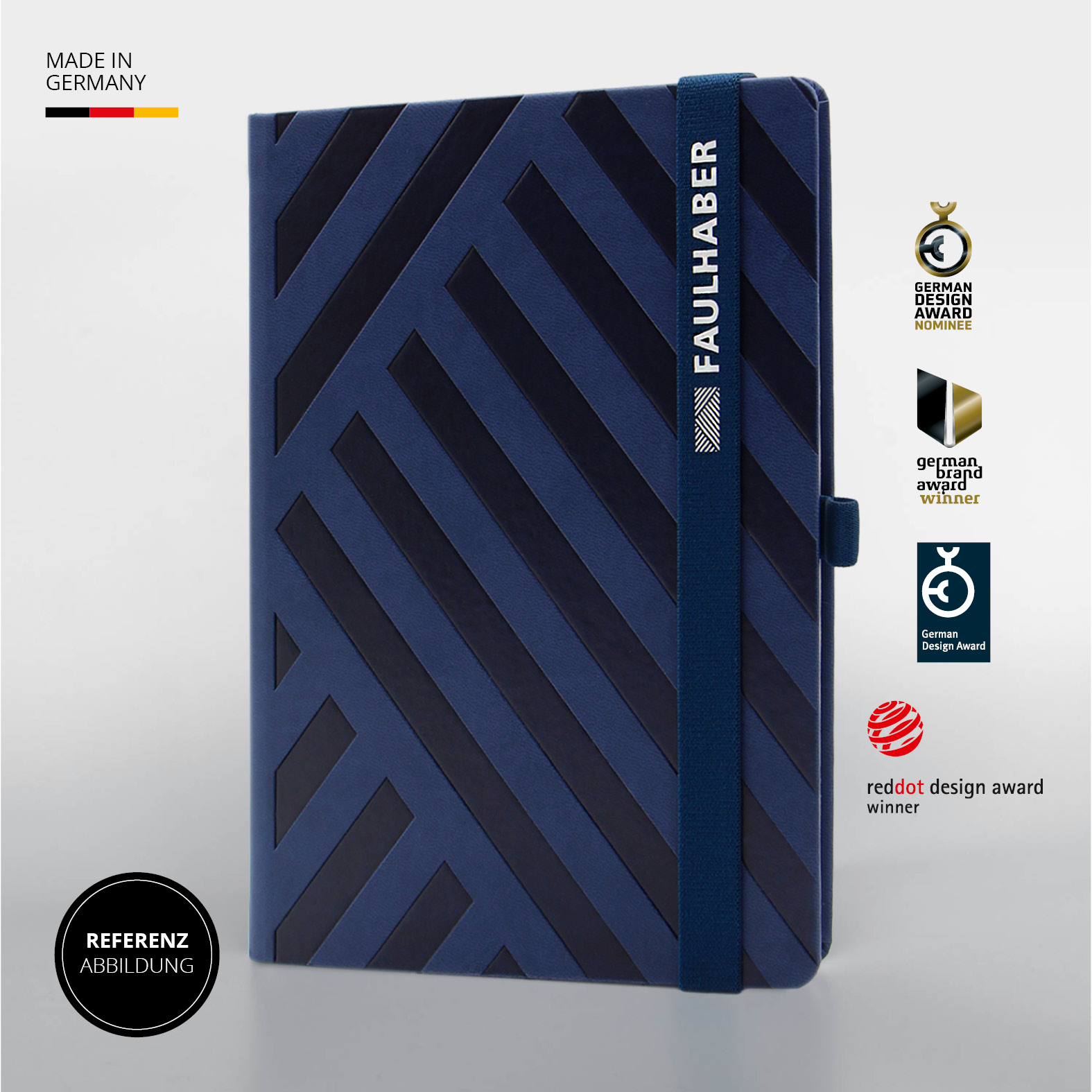Notizbuch mit diagonaler Prägung und Firmenlogo „FAULHABER“ auf Lanyband®, daneben Auszeichnungen wie Red Dot Design Award und German Brand Award.
