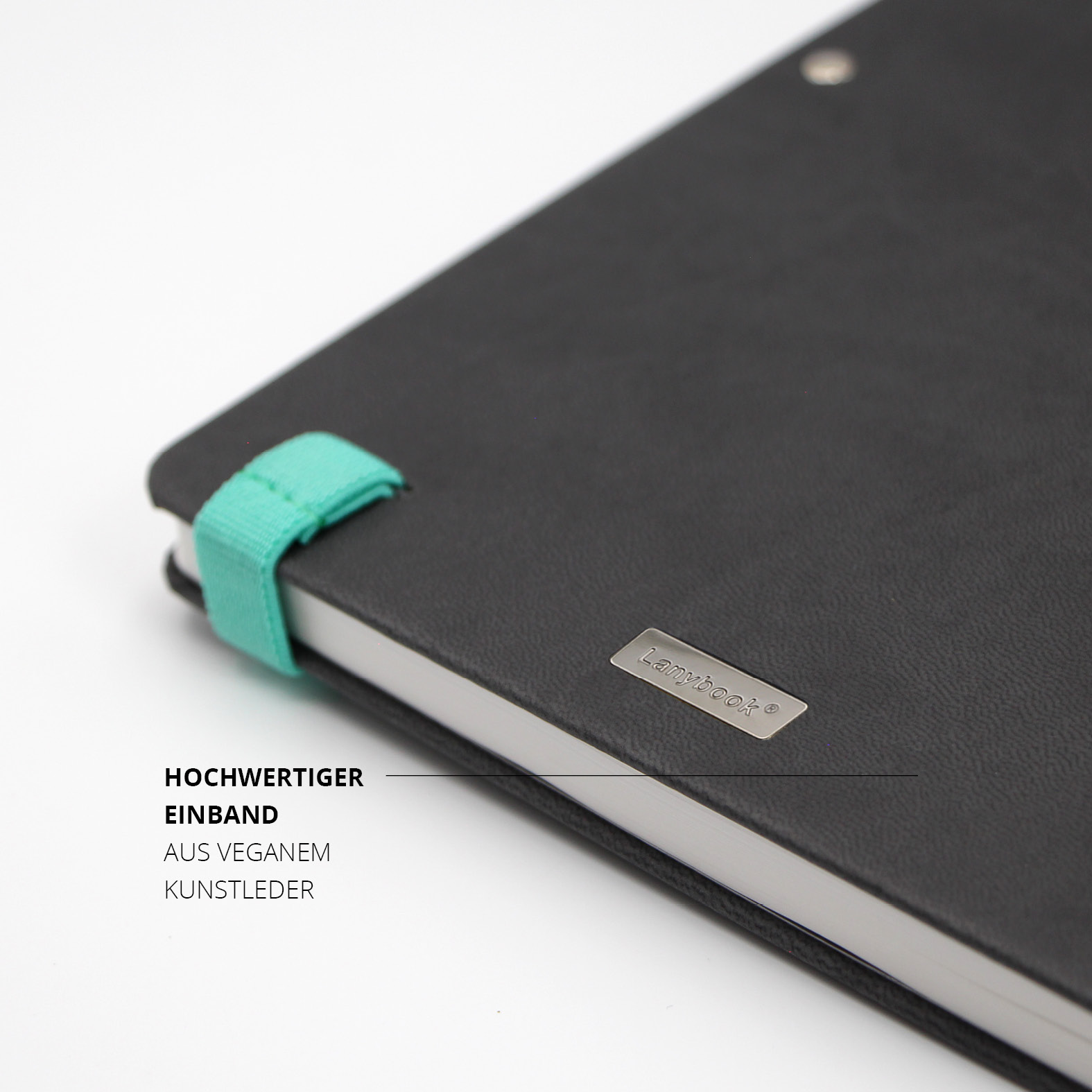 Detailaufnahme des Notizbuchs mit veganem Kunstledereinband und türkisfarbener Stiftschlaufe – hochwertiges, modernes Design