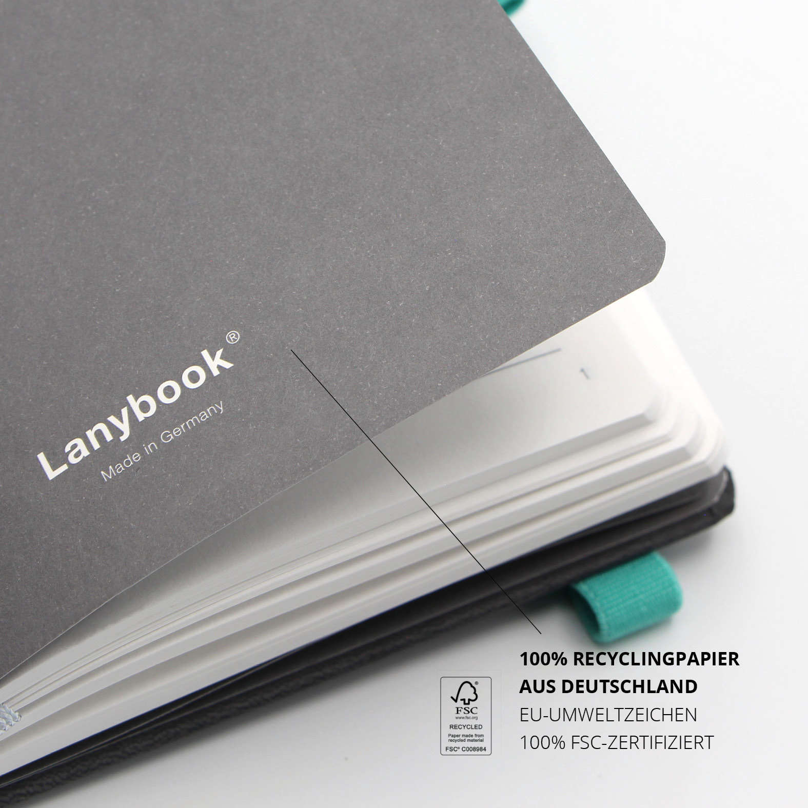 Innenseite des Lanybook® mit FSC- und EU-Umweltzeichen für 100 % Recyclingpapier aus Deutschland.