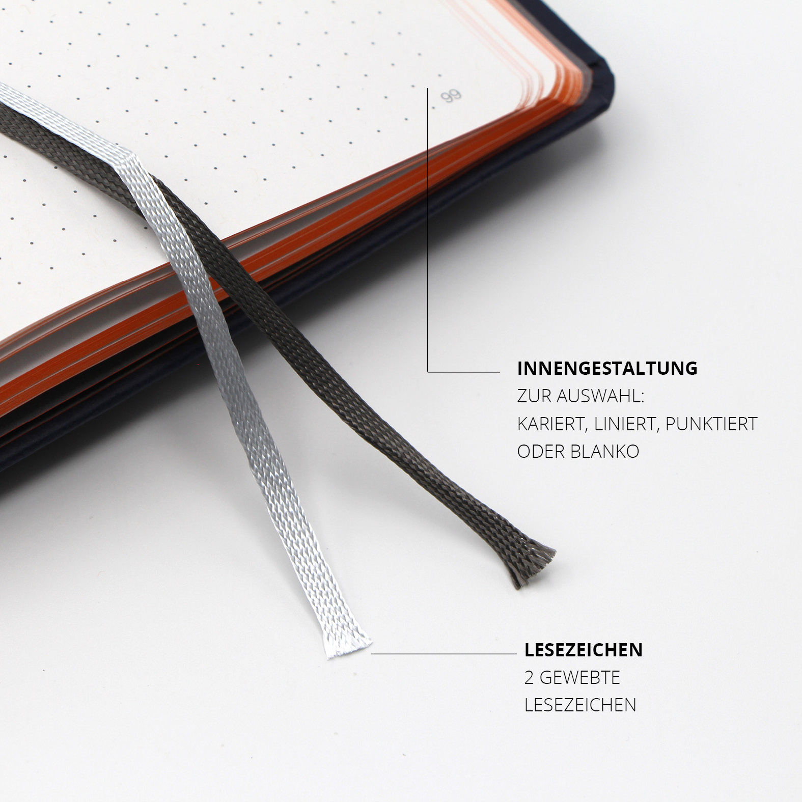 Ceotronics Notizbuch mit zwei gewebten Lesezeichen und punktiertem Papier – ideal für kreative Ideen und Notizen.