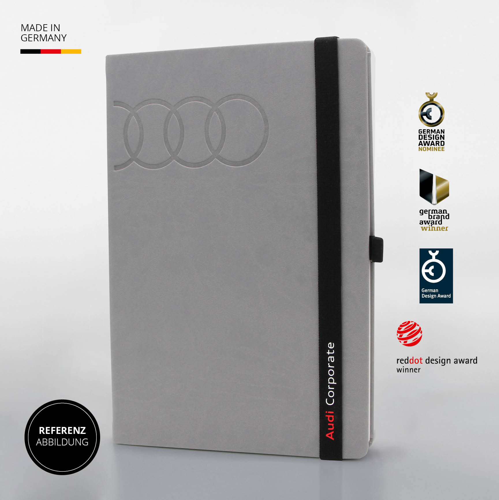 Graues Audi Notizbuch mit edler Prägung und schwarzem LanyBand®. Made in Germany, ausgezeichnet mit Design Awards.