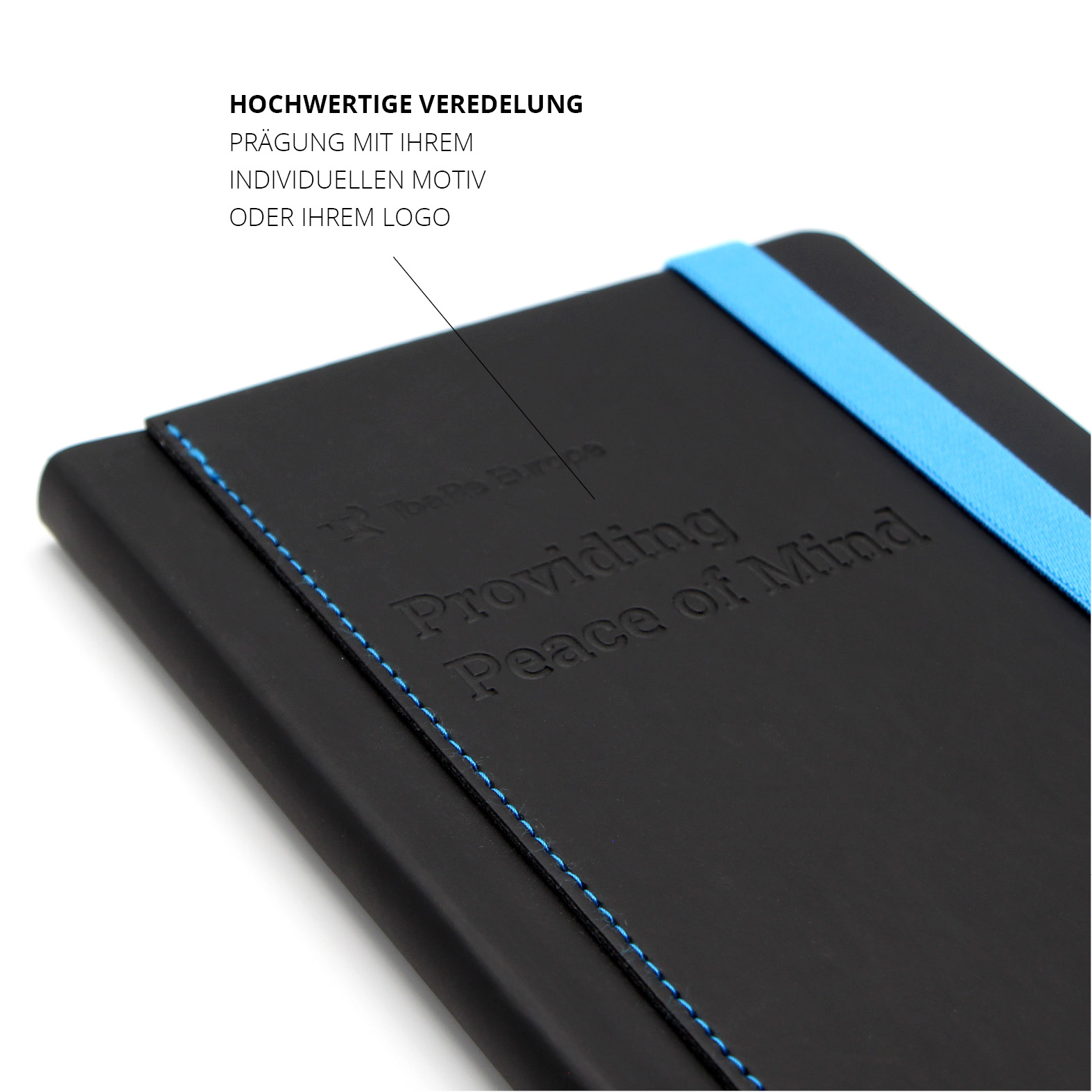 Hochwertige schwarze Prägung auf dem Cover mit individuellem Motiv oder Logo möglich.