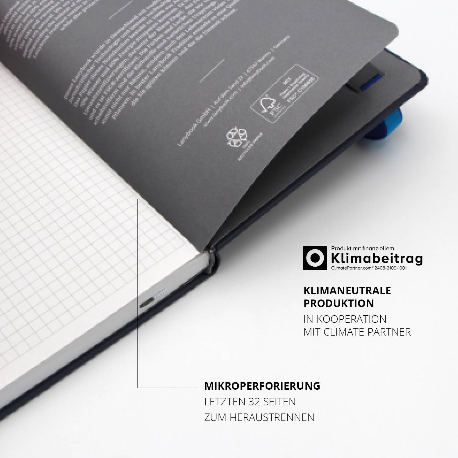 Klimaneutral produziertes Lanybook® mit mikroperforierten letzten Seiten zum sauberen Heraustrennen von Notizen.