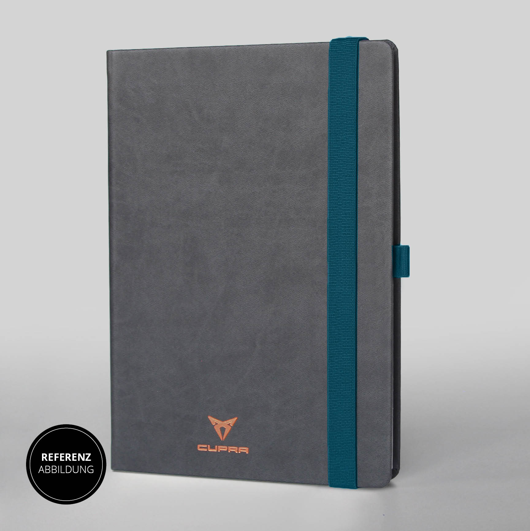 Cupra-Notizbuch in Dunkelgrau mit kupferfarbener Logoprägung und blaugrünem Lanyband® – Edles und stilvolles Design.
