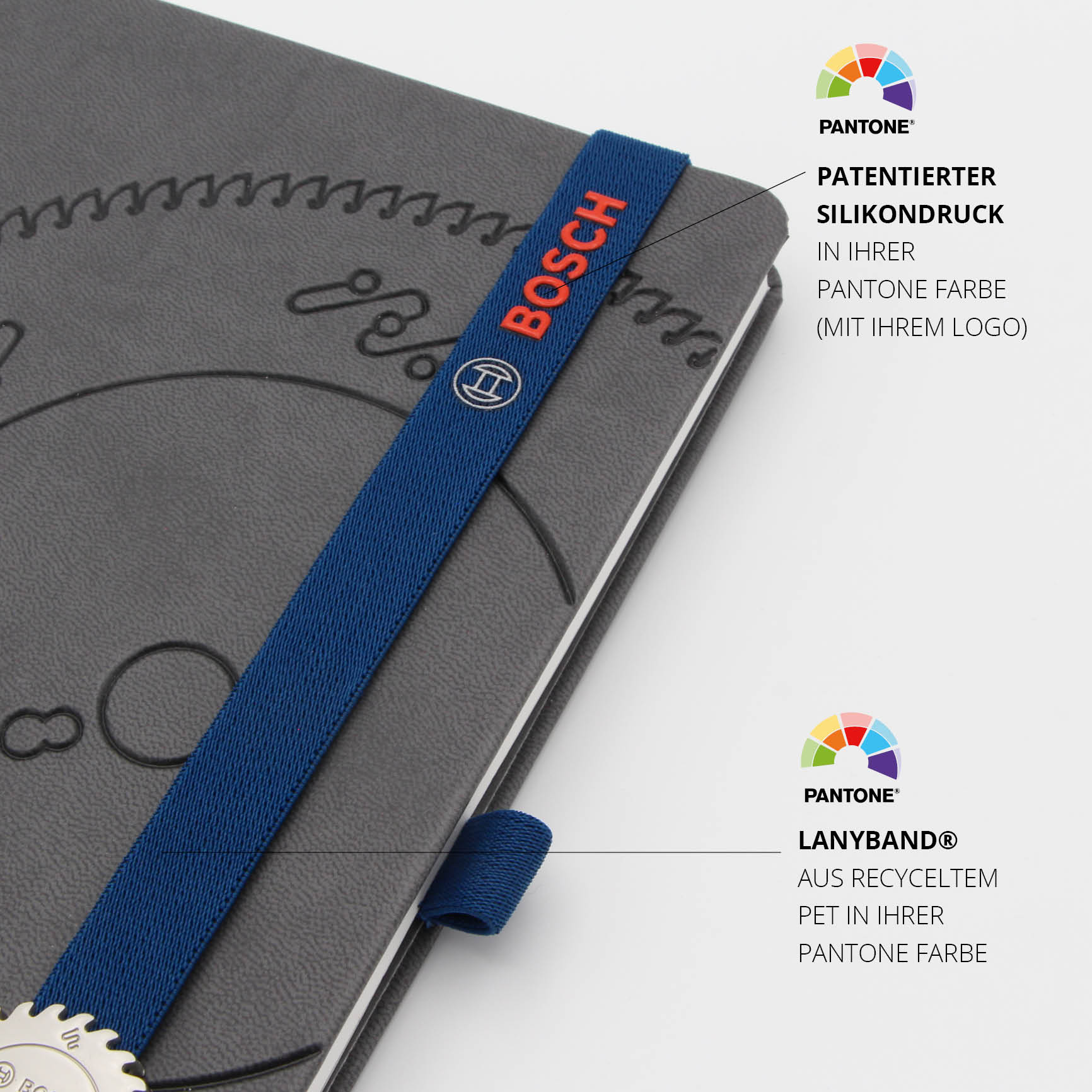 Bosch Logo auf Lanyband® mit Stiftschlaufe in Blau, Pantone- und Recyclinghinweis.