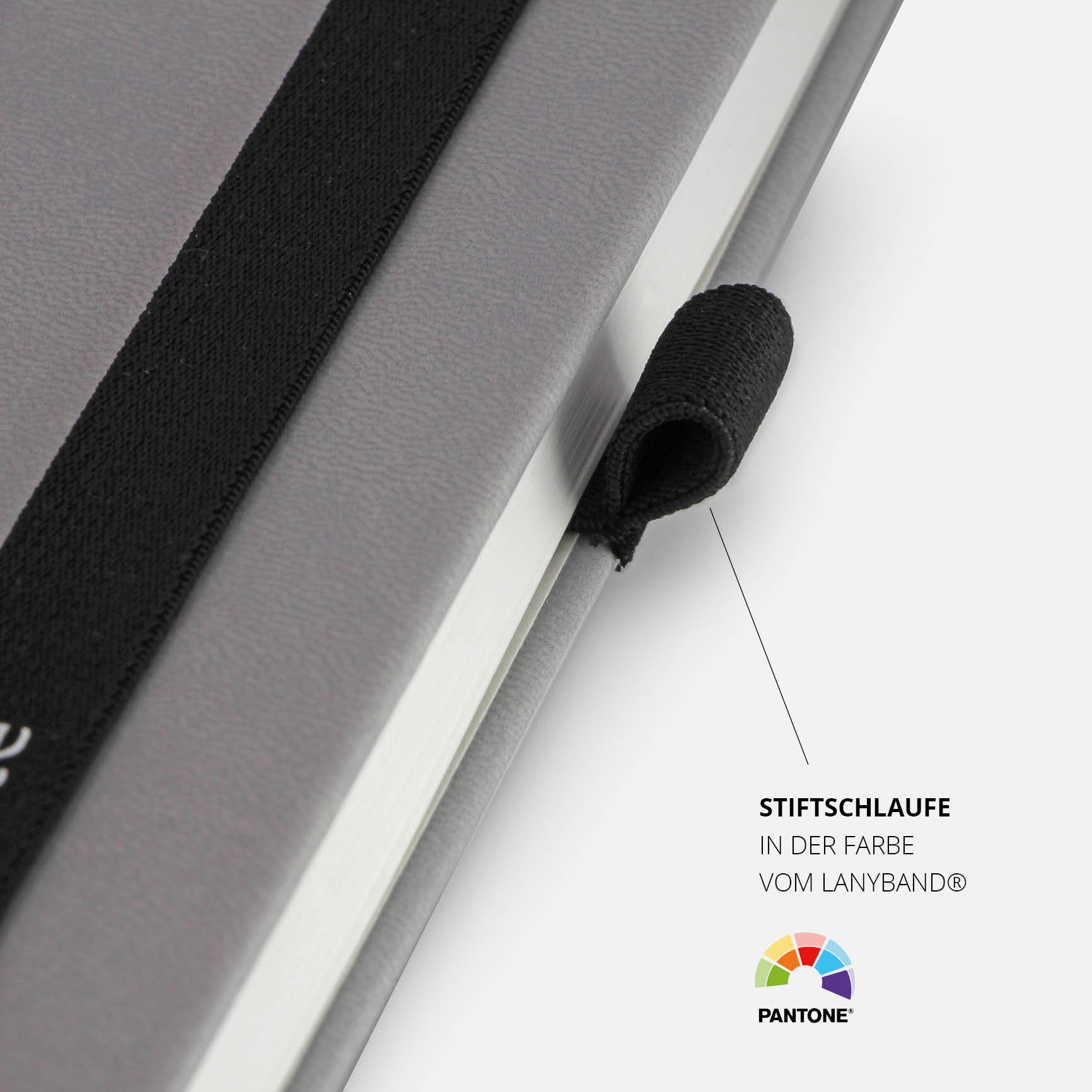 Flexibles Notizbuch mit hochwertiger Stiftschlaufe. LanyBand® und Stifthalter farblich abgestimmt für ein edles Design.