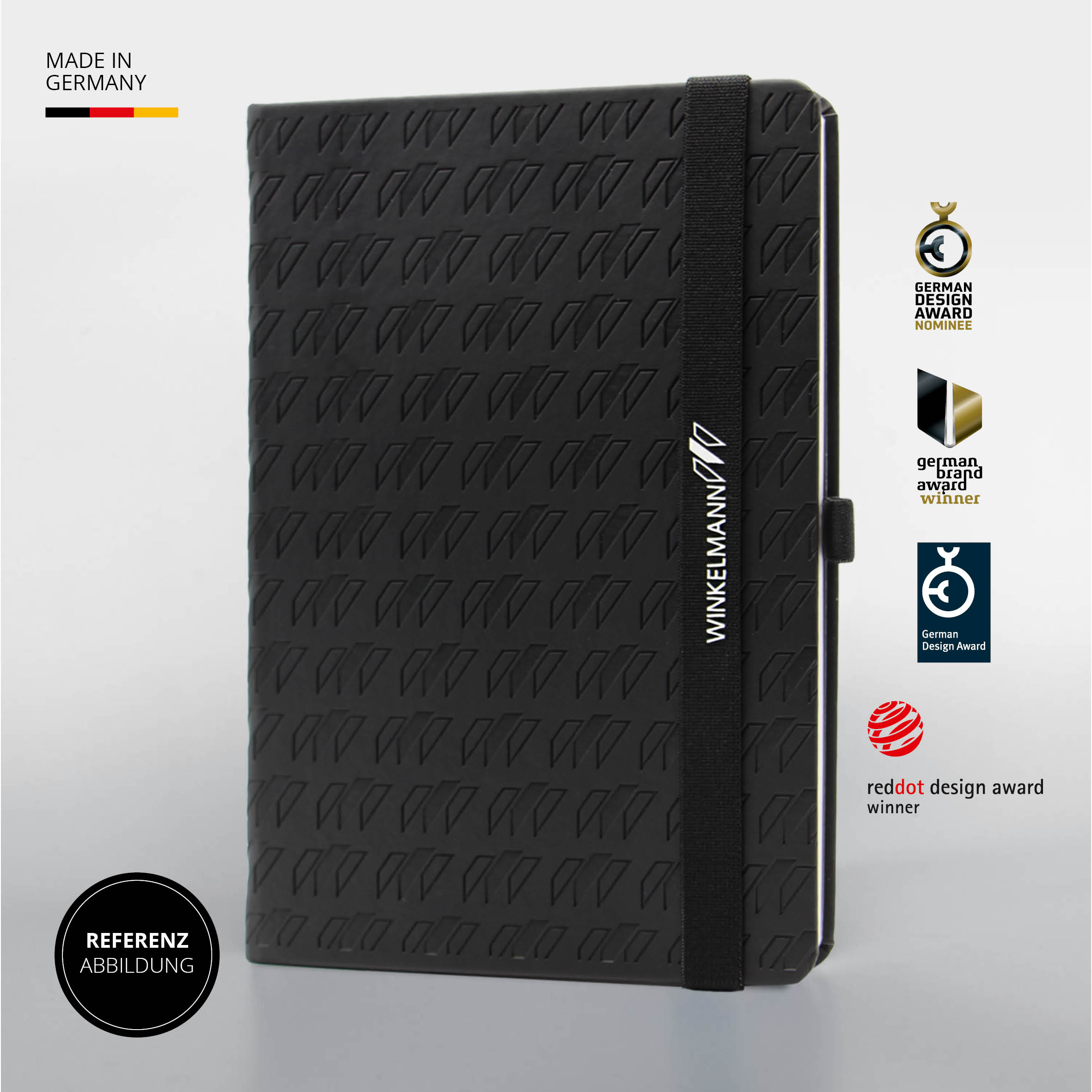 Schwarzes Lanybook® Notizbuch mit Logo-Prägung und Lanyband – Made in Germany und mehrfach ausgezeichnetes Design