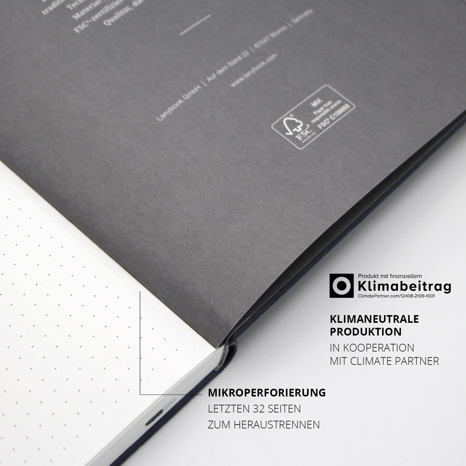 Rückseite des Lanybooks® mit klimaneutralem Druck und FSC-Label, ergänzt durch Mikroperforation der letzten Seiten zum leichten Heraustrennen.