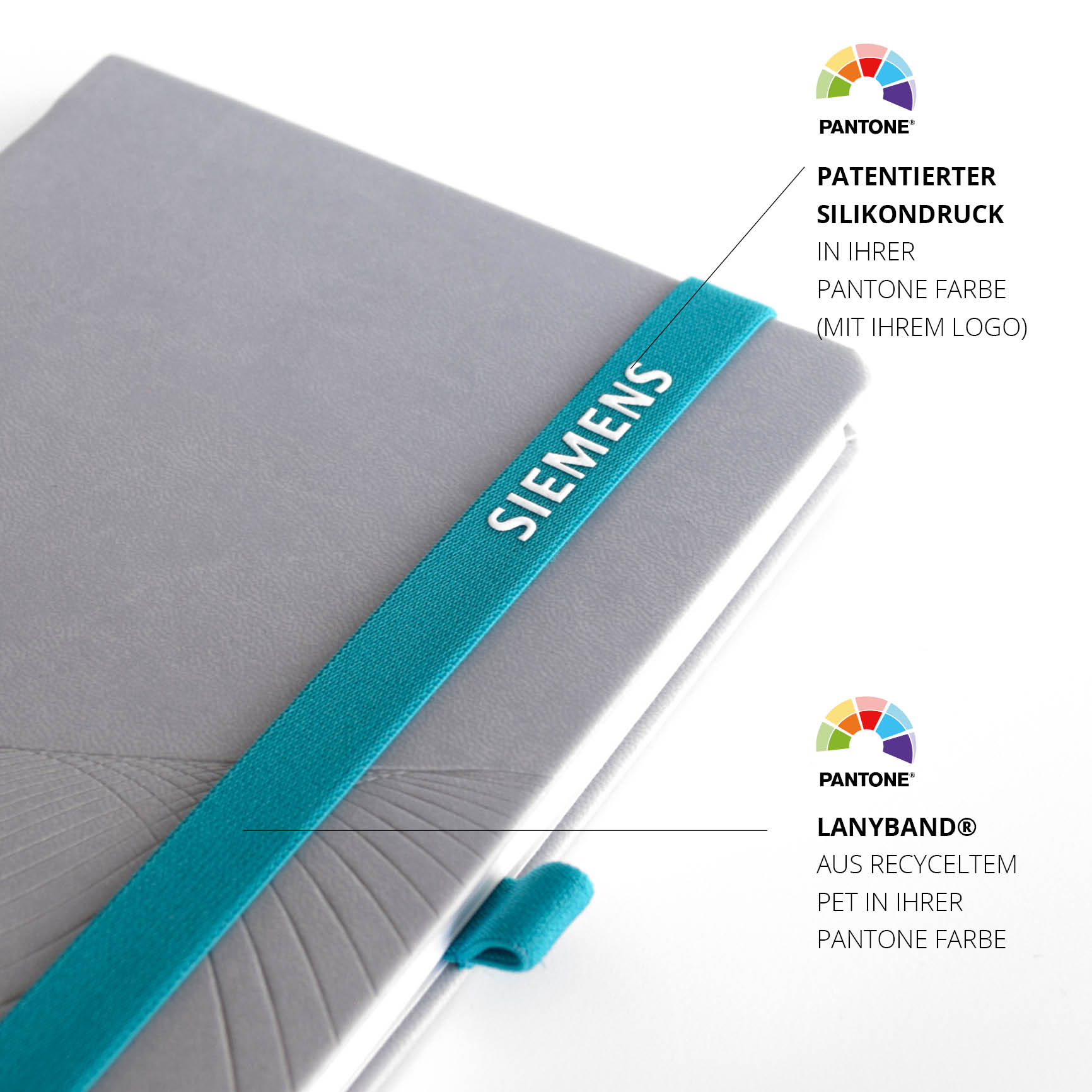 Detailaufnahme des Siemens-Notizbuchs mit Pantone-Lanyband® – Personalisierbares Notizbuch mit Silikondruck-Logo und farblich abgestimmtem Band.
