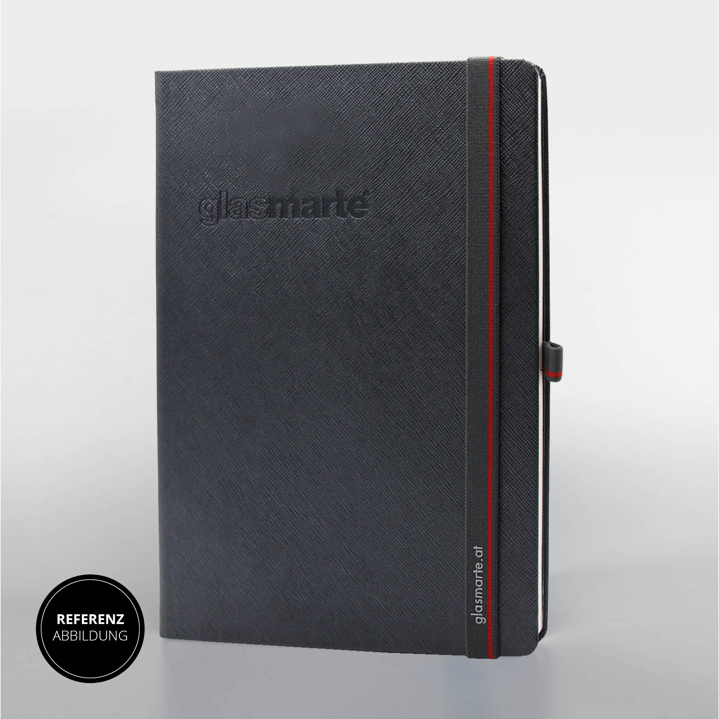 Graues Lanybook Notizbuch mit individuellem glas.marte Logo und Lanyband