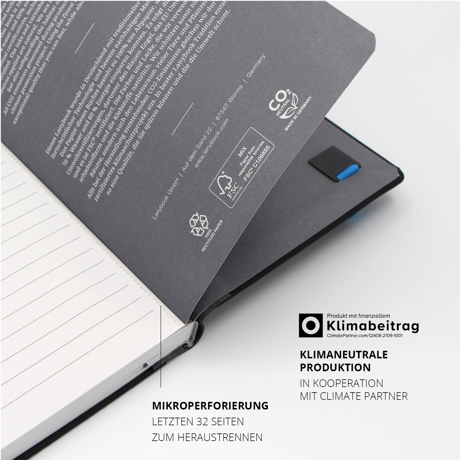 Mikropunktierte Seiten zum Herauslösen, klimaneutral produziert mit FSC-zertifiziertem Papier.