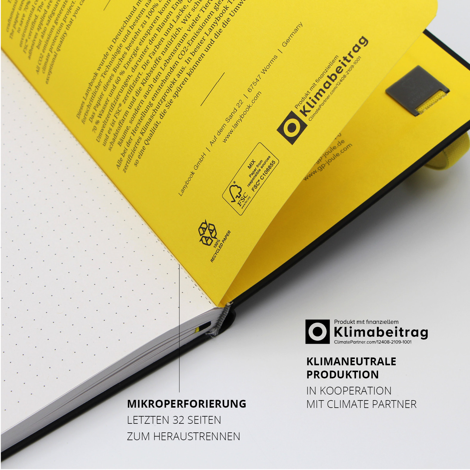 Gelbe Innenseite mit Mikroperforierung und Klimabeitrag-Label, Hinweis auf klimaneutrale Produktion.