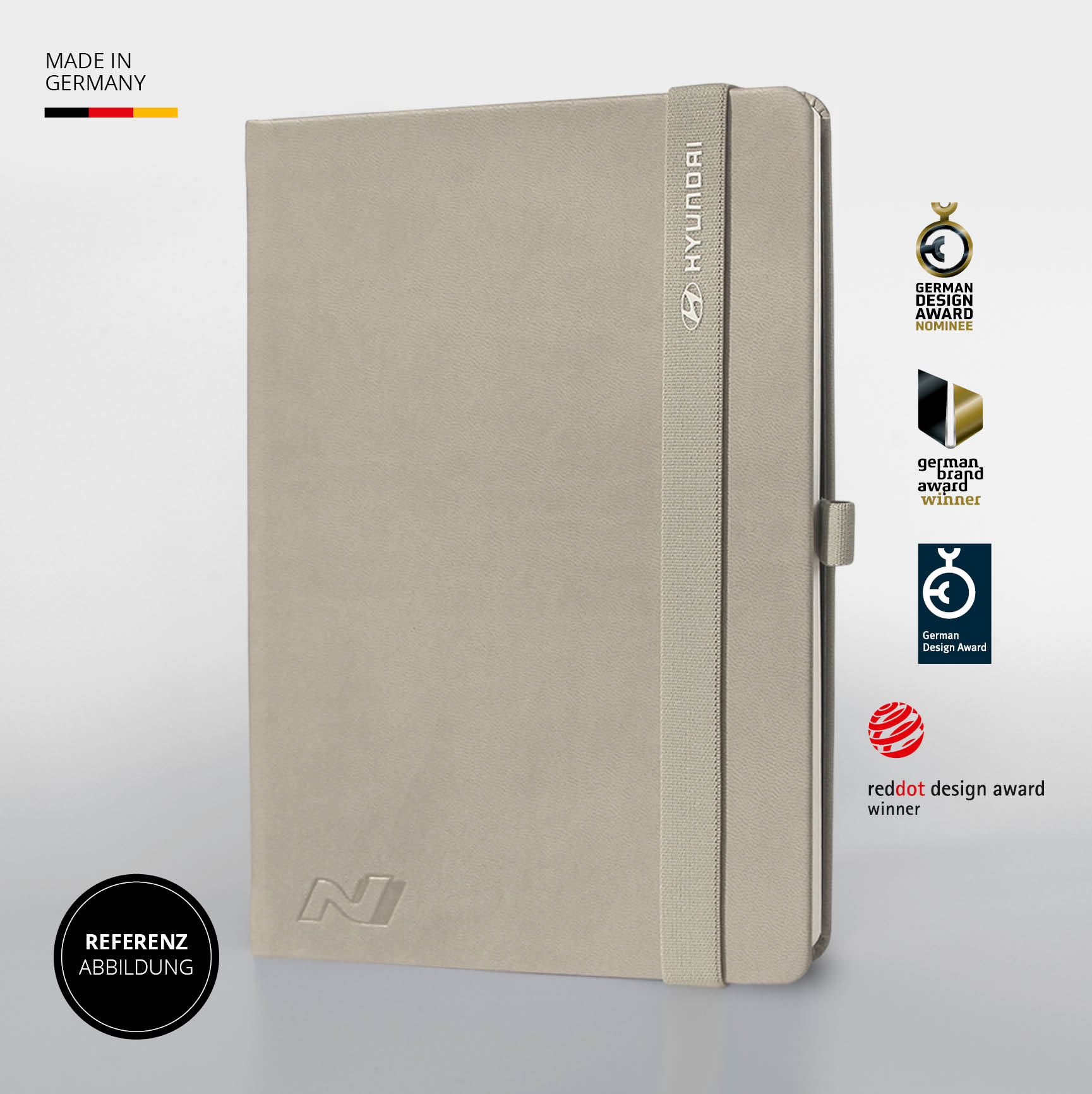 Hyundai-Notizbuch Made in Germany – Premium-Notizbuch in Beige mit German Design und reddot Award.