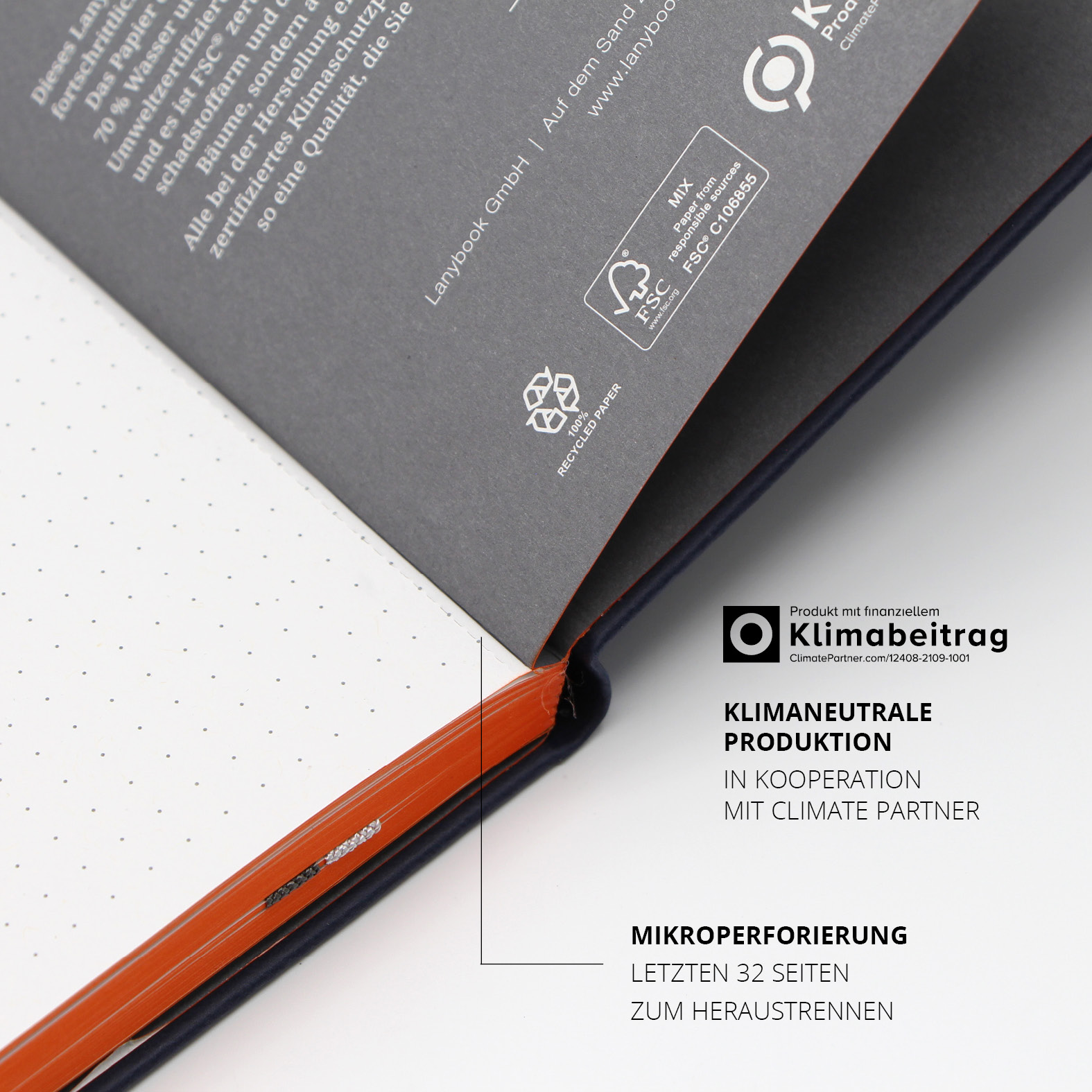 Ceotronics Notizbuch mit FSC-zertifiziertem Recyclingpapier – klimaneutral produziert mit ClimatePartner. Mikroperforierung zum Heraustrennen von Seiten.