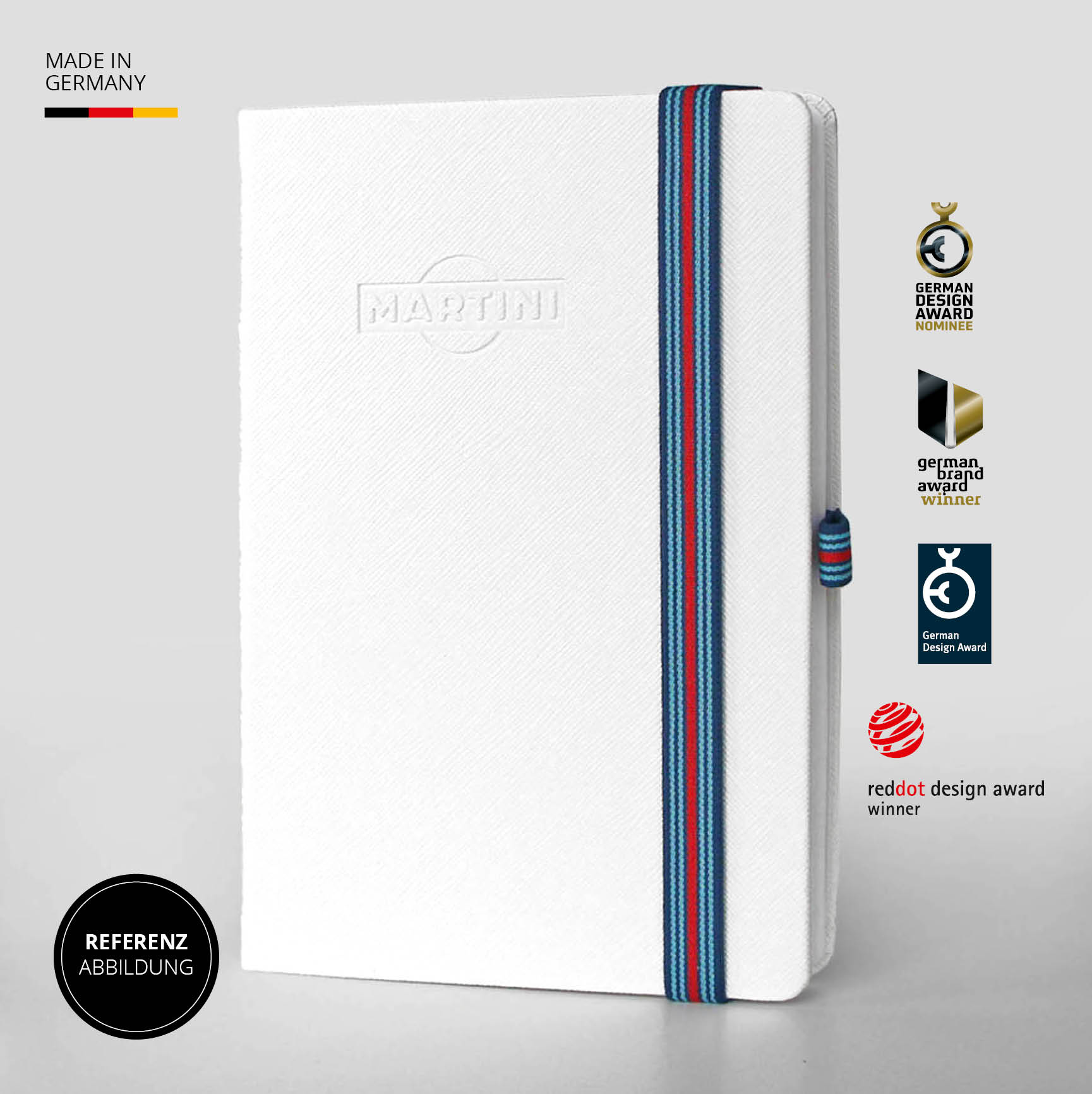 Martini Notizbuch mit Design Awards – Ausgezeichnet mit German Design Award und Red Dot Design Award. Hochwertige Verarbeitung und edle Details.