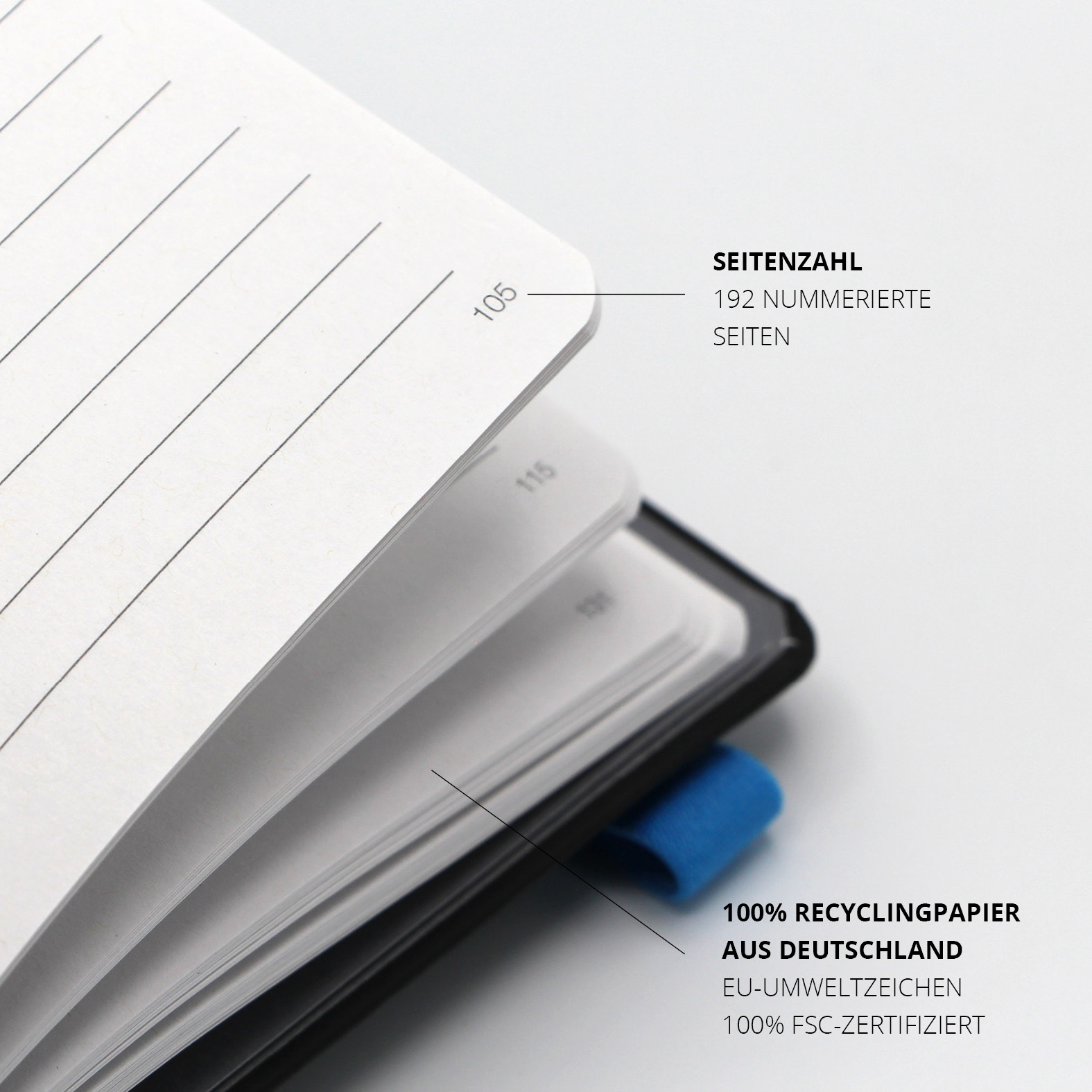 Blick auf die Innenseiten mit Seitenzahlen, FSC-zertifiziertem Recyclingpapier und EU-Umweltzeichen.