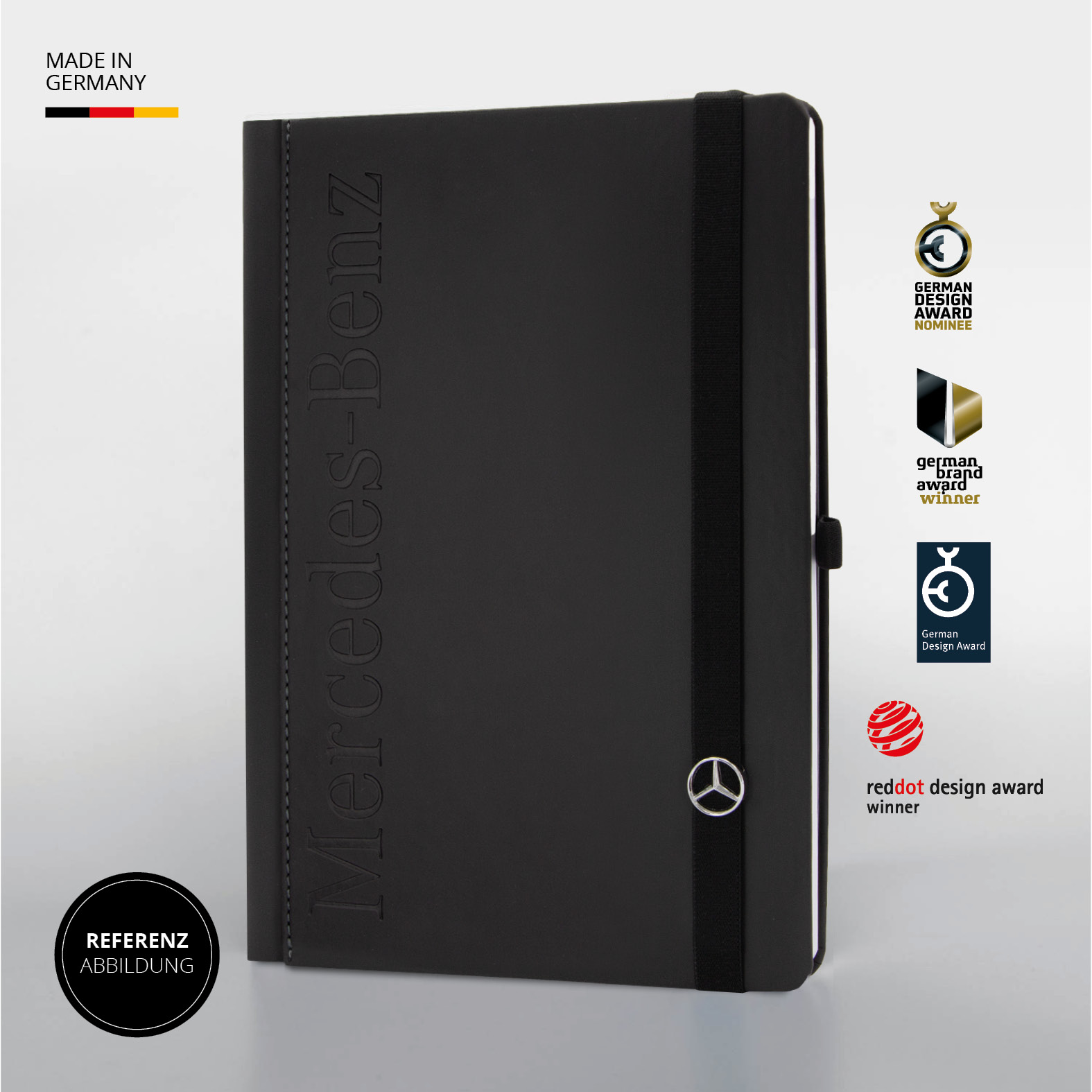 Schwarzes Notizbuch mit Prägung – Mercedes-Benz Design mit elastischem Band und German Design Award Auszeichnung.