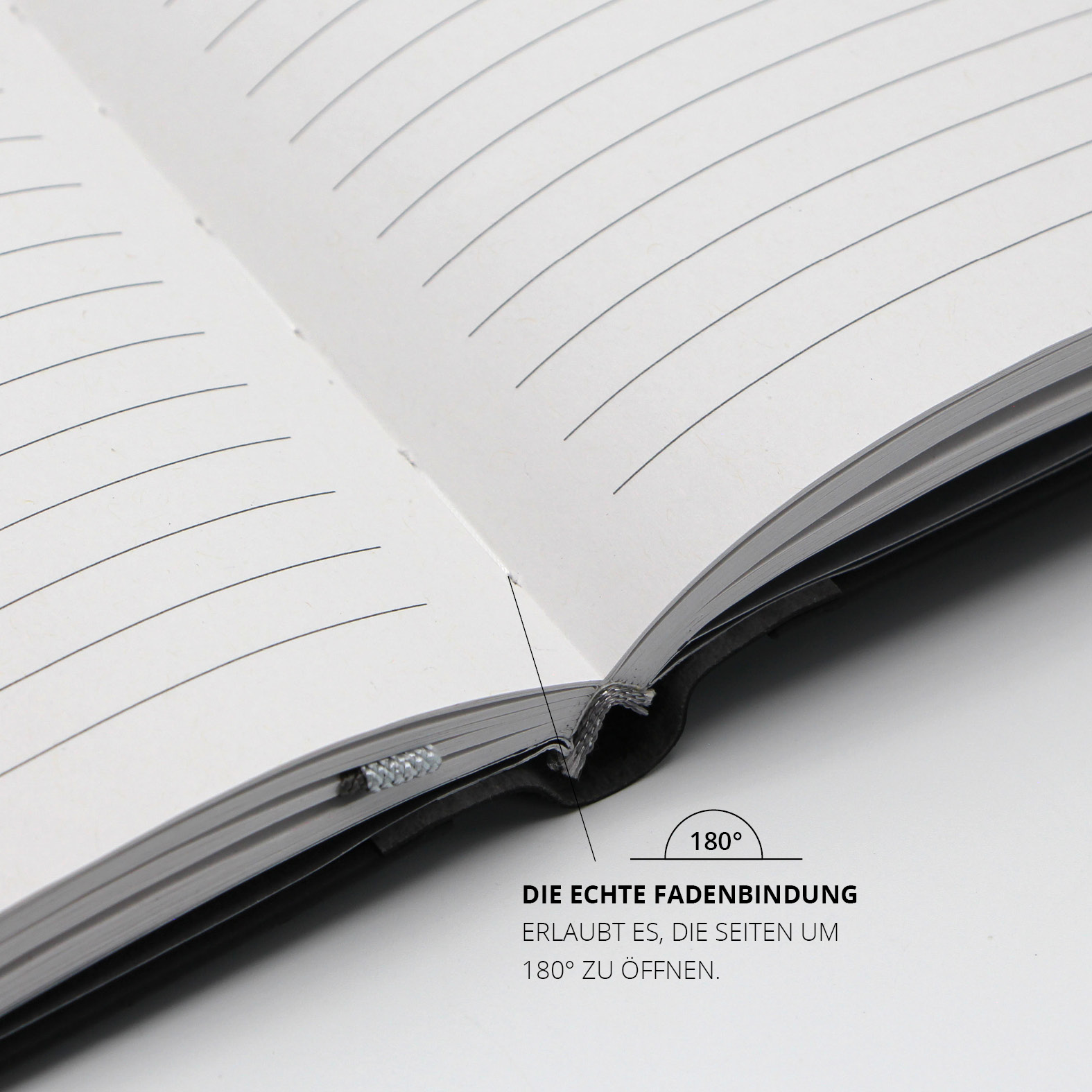 Aufgeschlagenes Notizbuch mit echter Fadenbindung für flaches Öffnen bis 180 Grad.