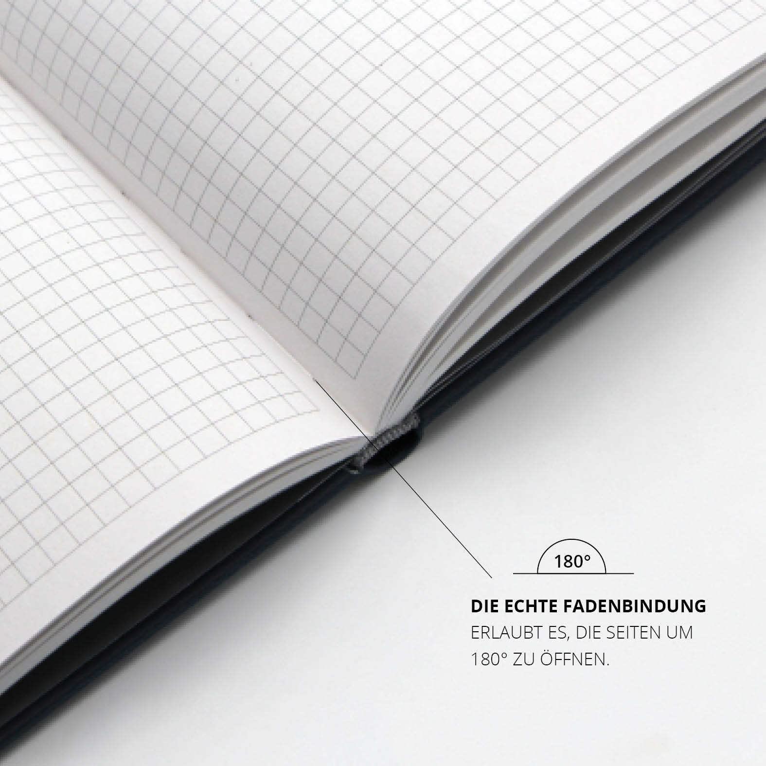 Echte Fadenbindung des Lanybook® Pro ermöglicht eine vollständige 180-Grad-Öffnung für komfortables Schreiben auf allen Seiten.
