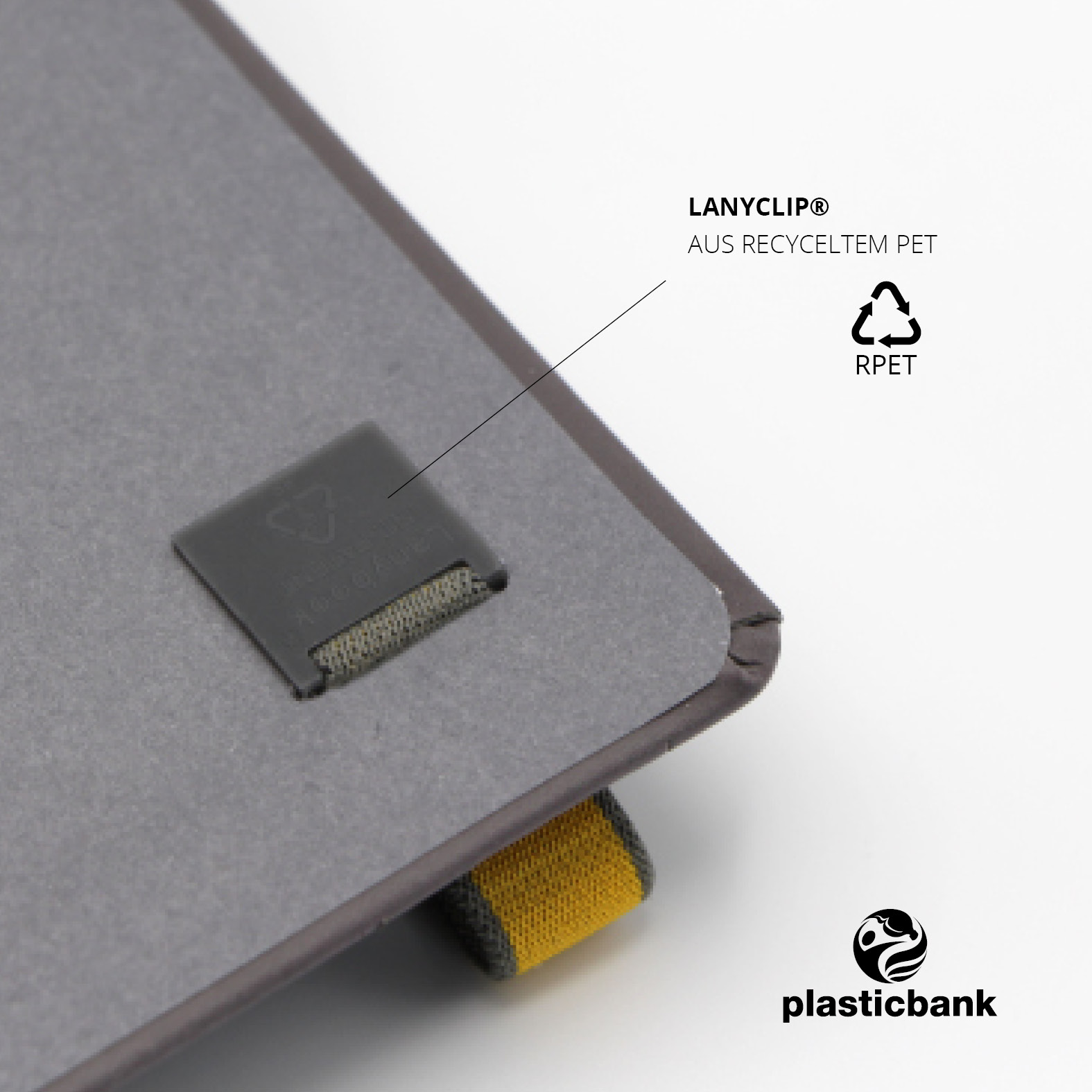 Rückseite des Notizbuchs mit Lanyclip® aus recyceltem PET – nachhaltige Befestigungslösung des Lanybands®.