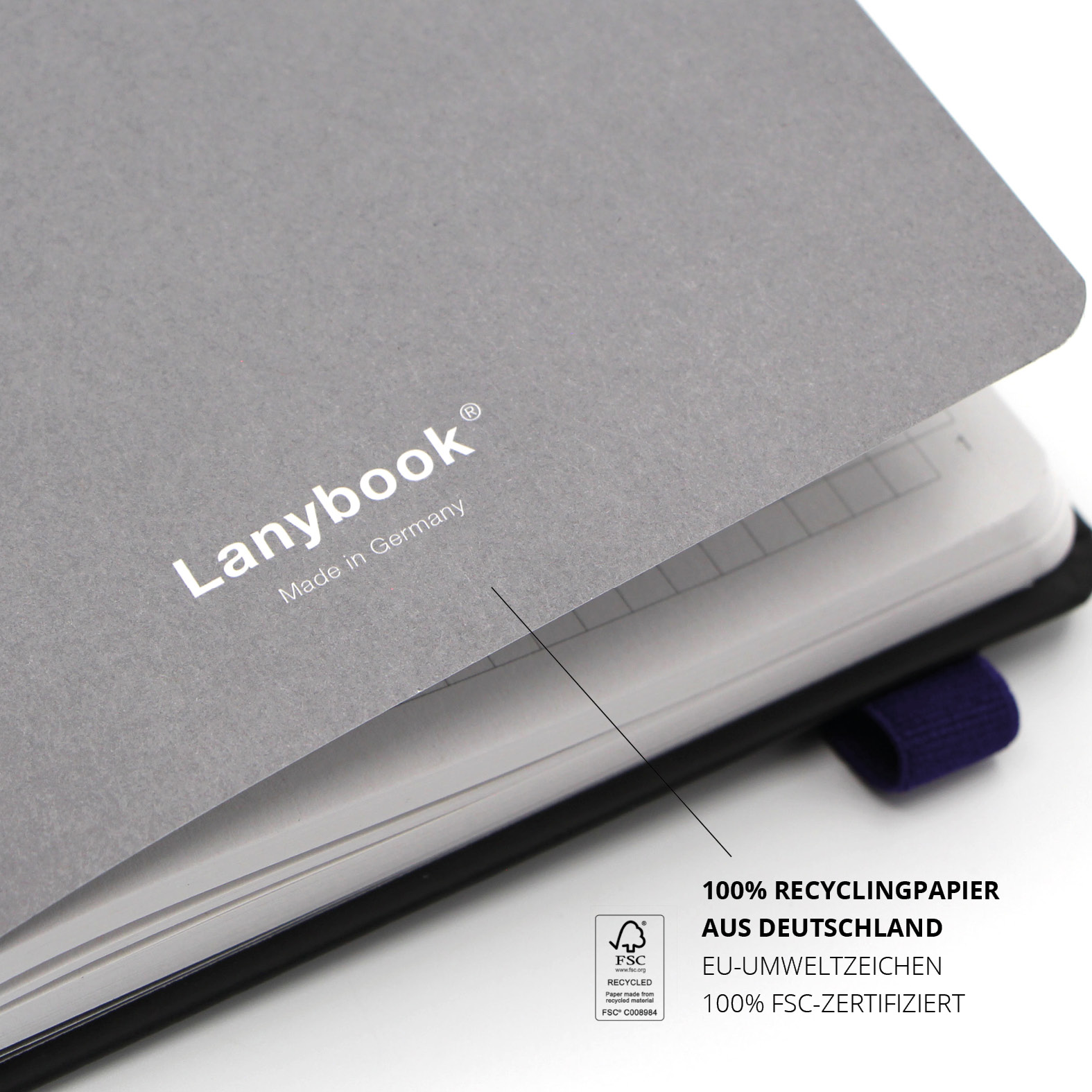 Detailansicht des Innencovers mit dem Lanybook® Logo und dem Hinweis auf 100 % Recyclingpapier aus Deutschland mit EU-Umweltzeichen.
