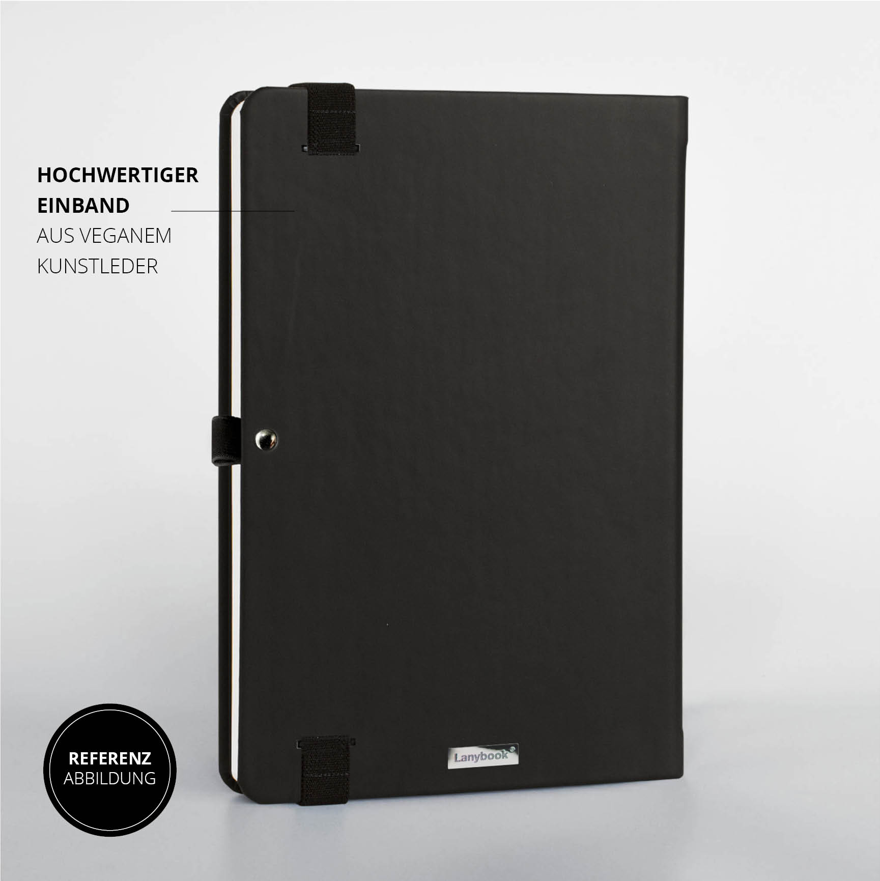 Edles MAN Notizbuch mit veganem Kunstleder-Einband, schwarzem Design und hochwertiger Verarbeitung für Unternehmen.