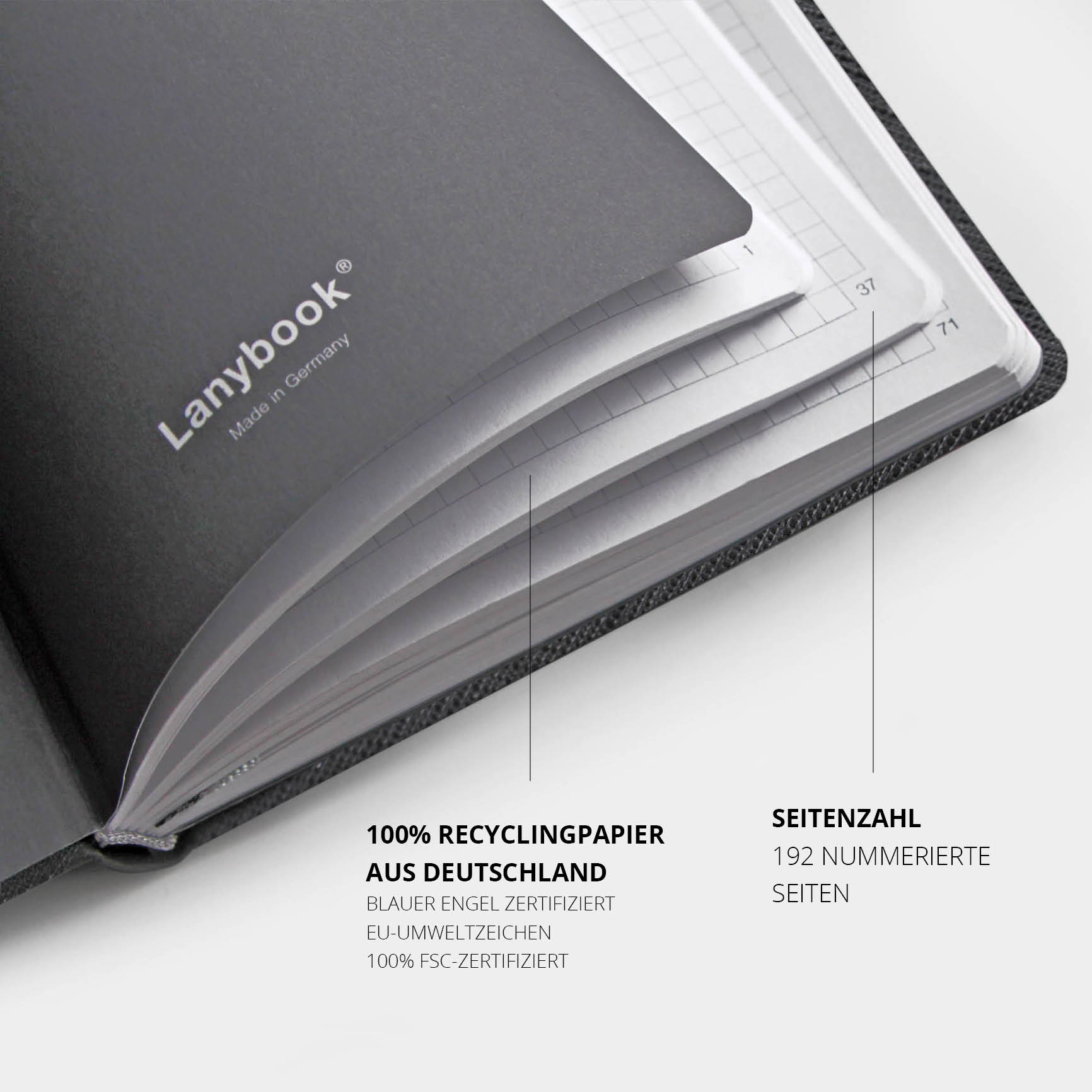 SAP Notizbuch mit FSC-zertifiziertem Recyclingpapier und 192 Seiten – Nachhaltiges Notizbuch mit umweltfreundlichem Papier, Blauer-Engel-Zertifikat und nummerierten Seiten.